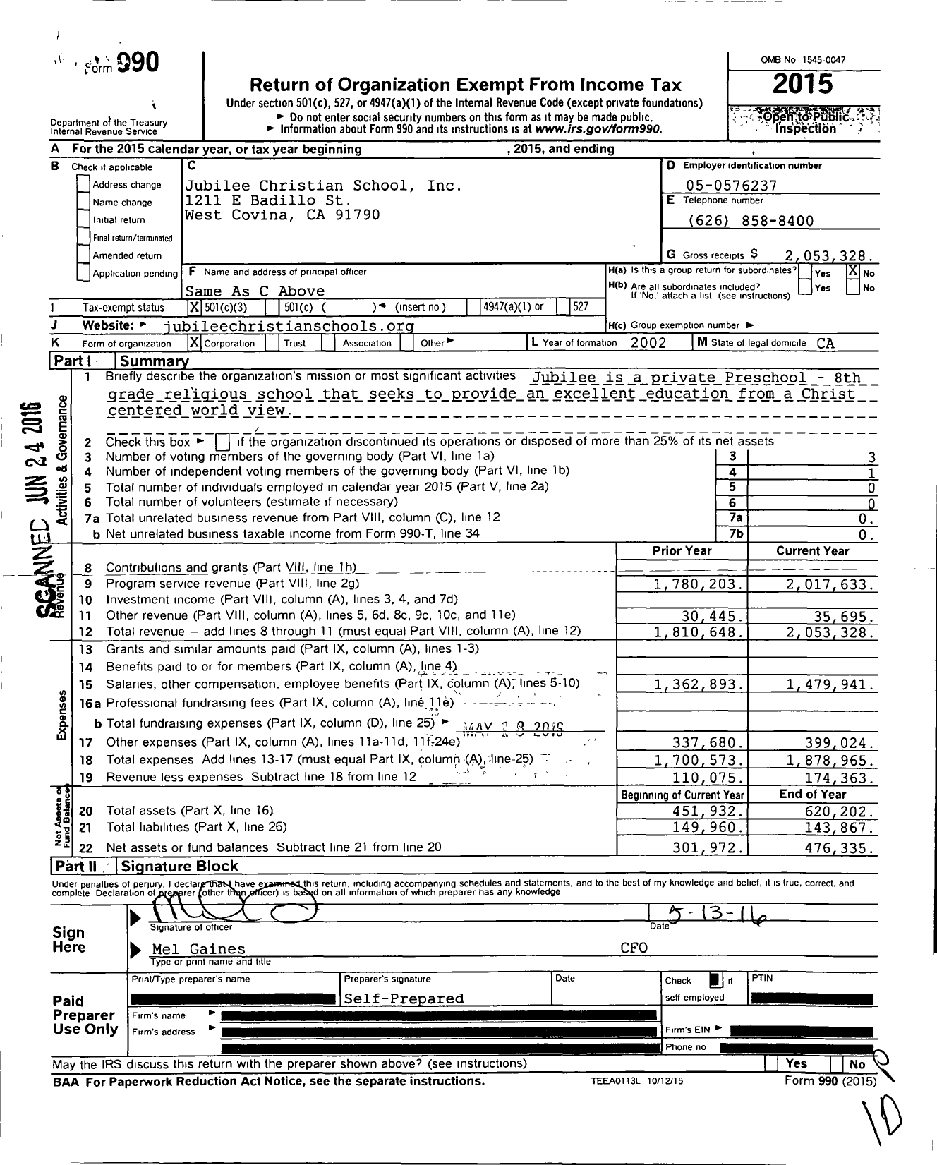 Image of first page of 2015 Form 990 for Jubilee Christian School