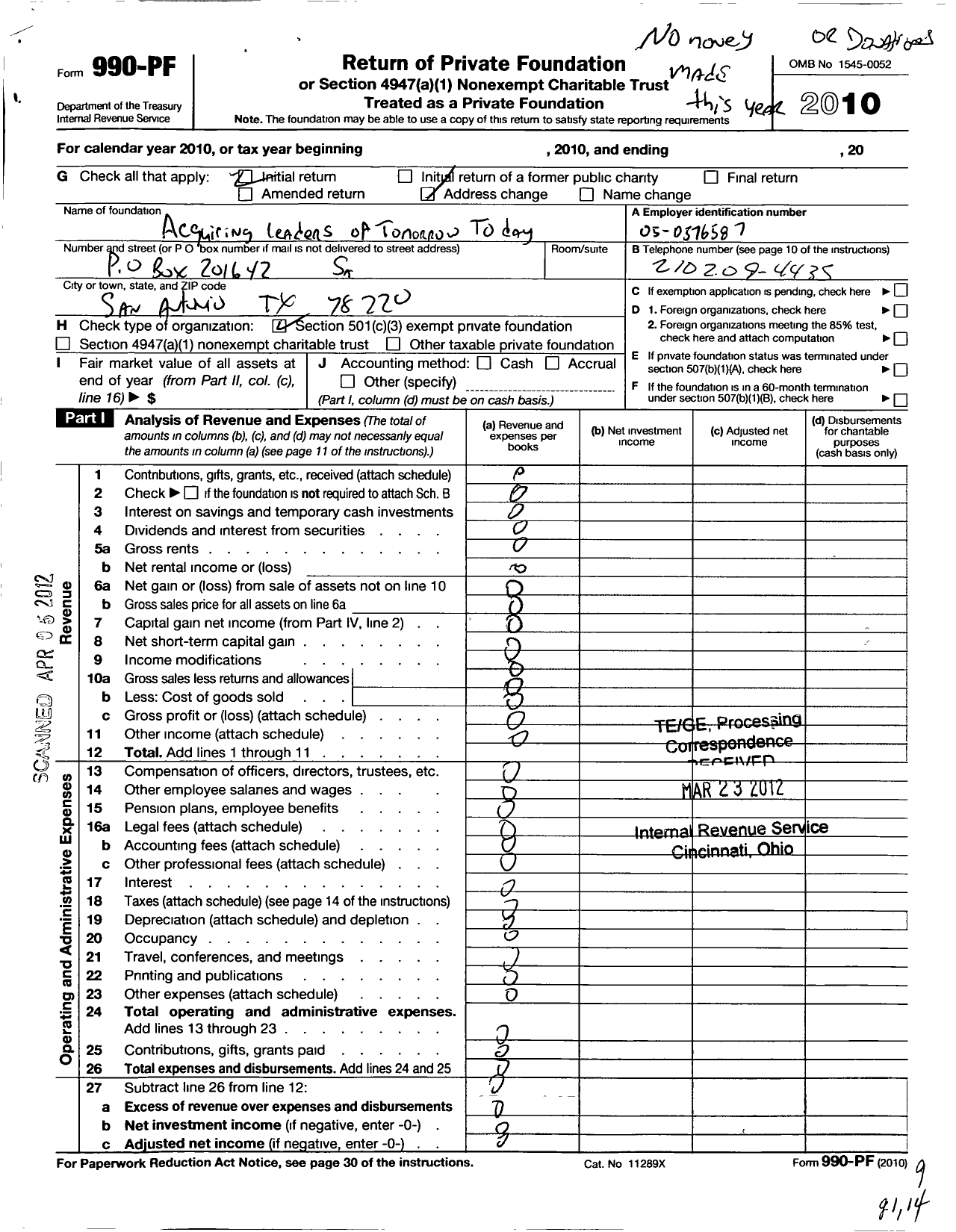 Image of first page of 2010 Form 990PF for Acquiring Leaders of Tomorrow Today