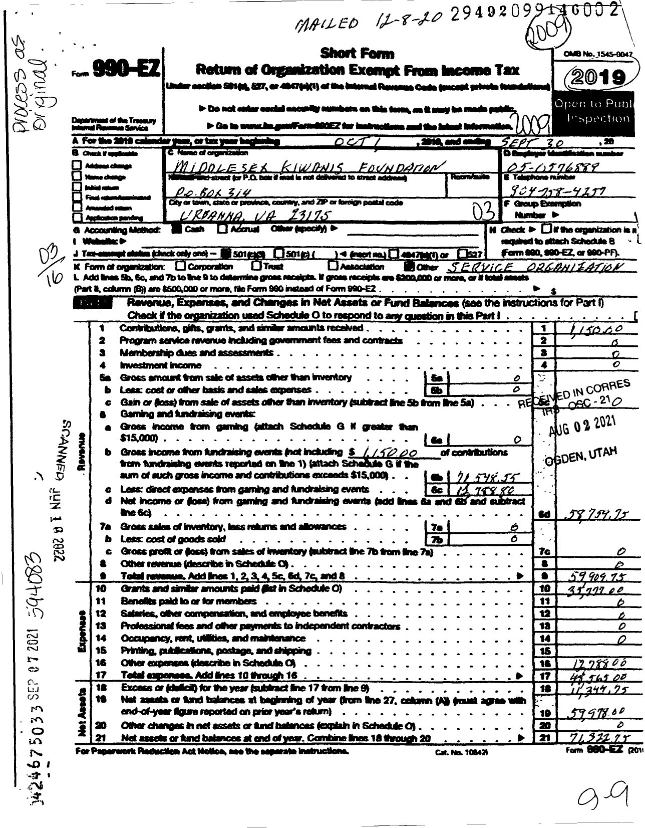 Image of first page of 2019 Form 990EZ for Middlesex Kiwanis Foundation