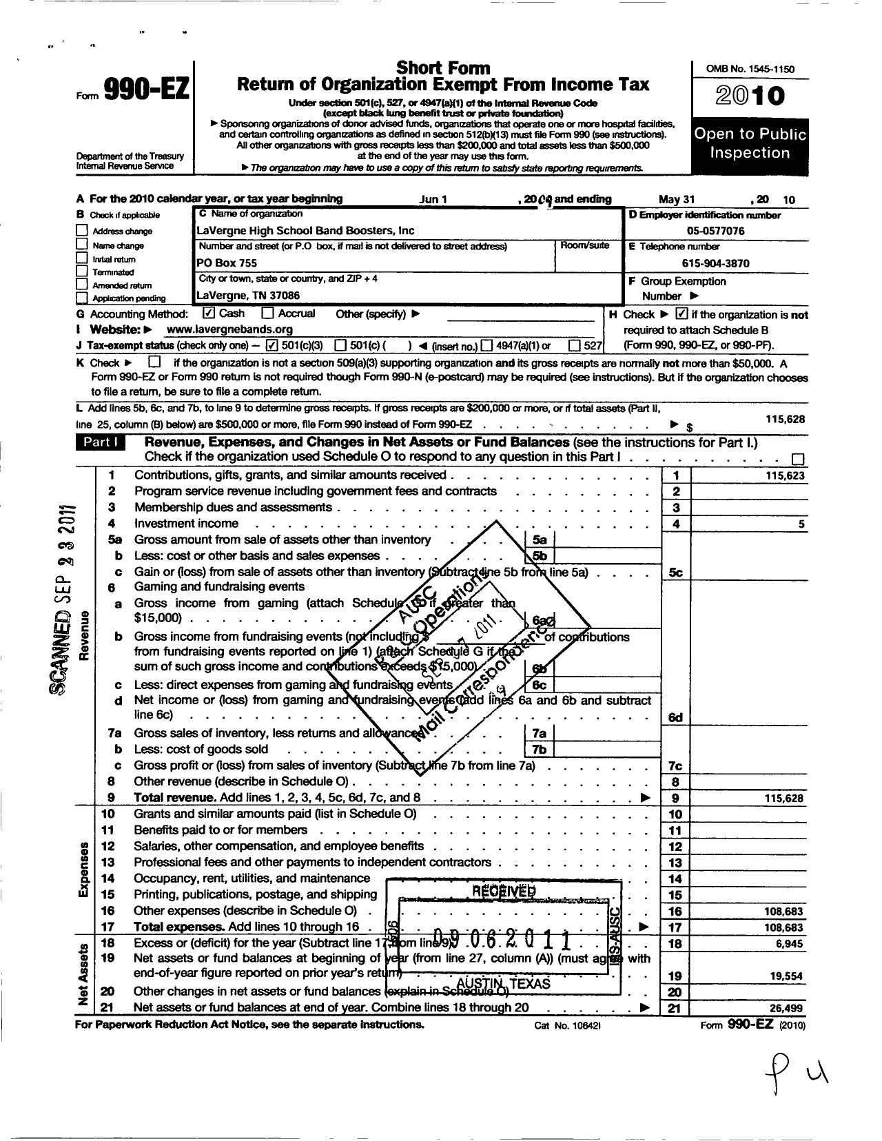 Image of first page of 2009 Form 990EZ for Lavergne High School Band Boosters