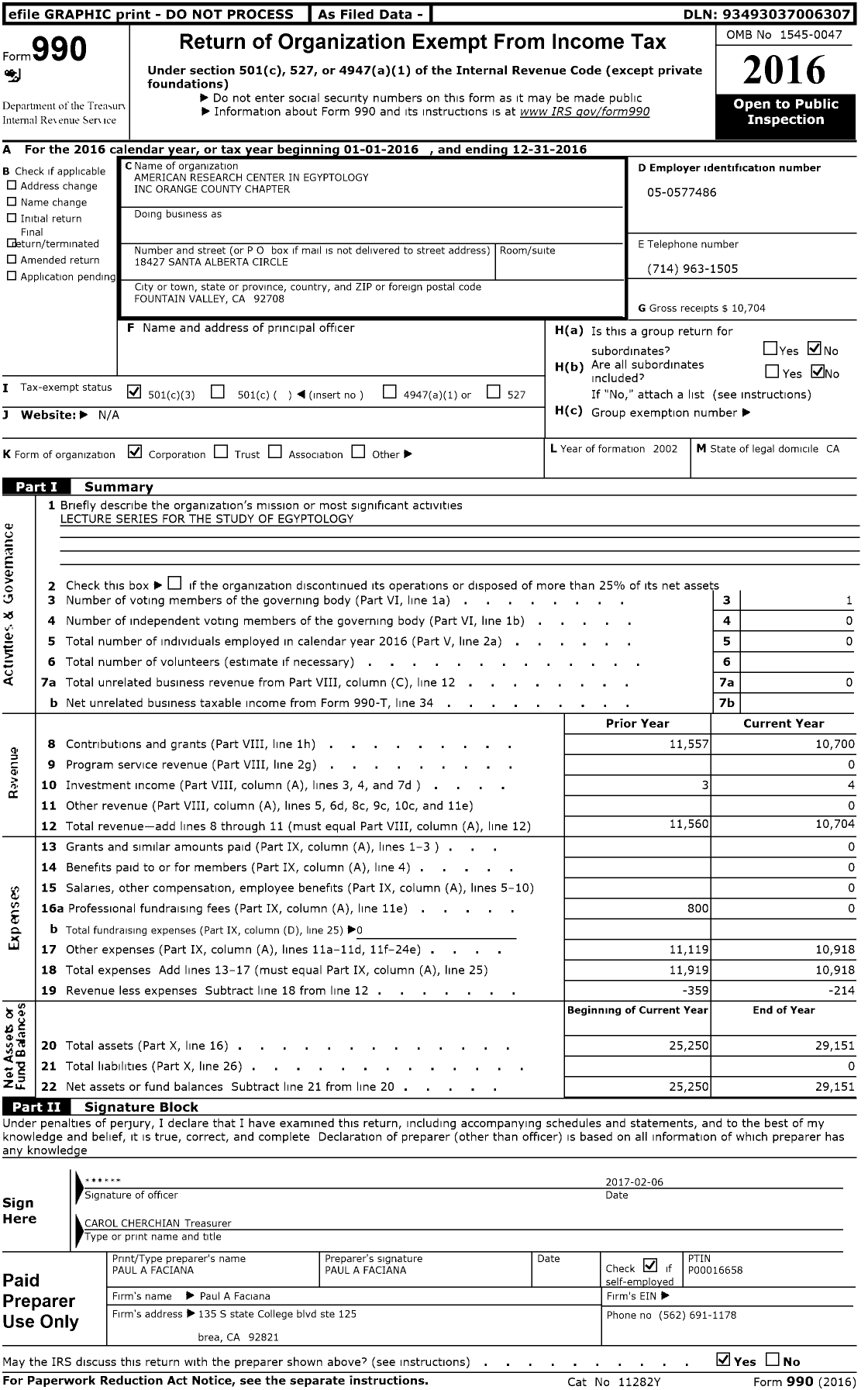 Image of first page of 2016 Form 990 for American Research Center in Egypt- Orange County Chapter