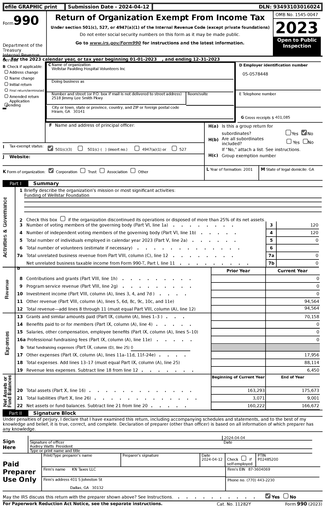 Image of first page of 2023 Form 990 for Wellstar Paulding Hospital Volunteers