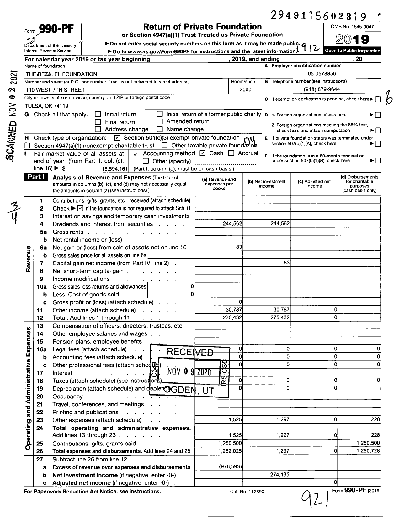 Image of first page of 2019 Form 990PF for The Bezalel Foundation