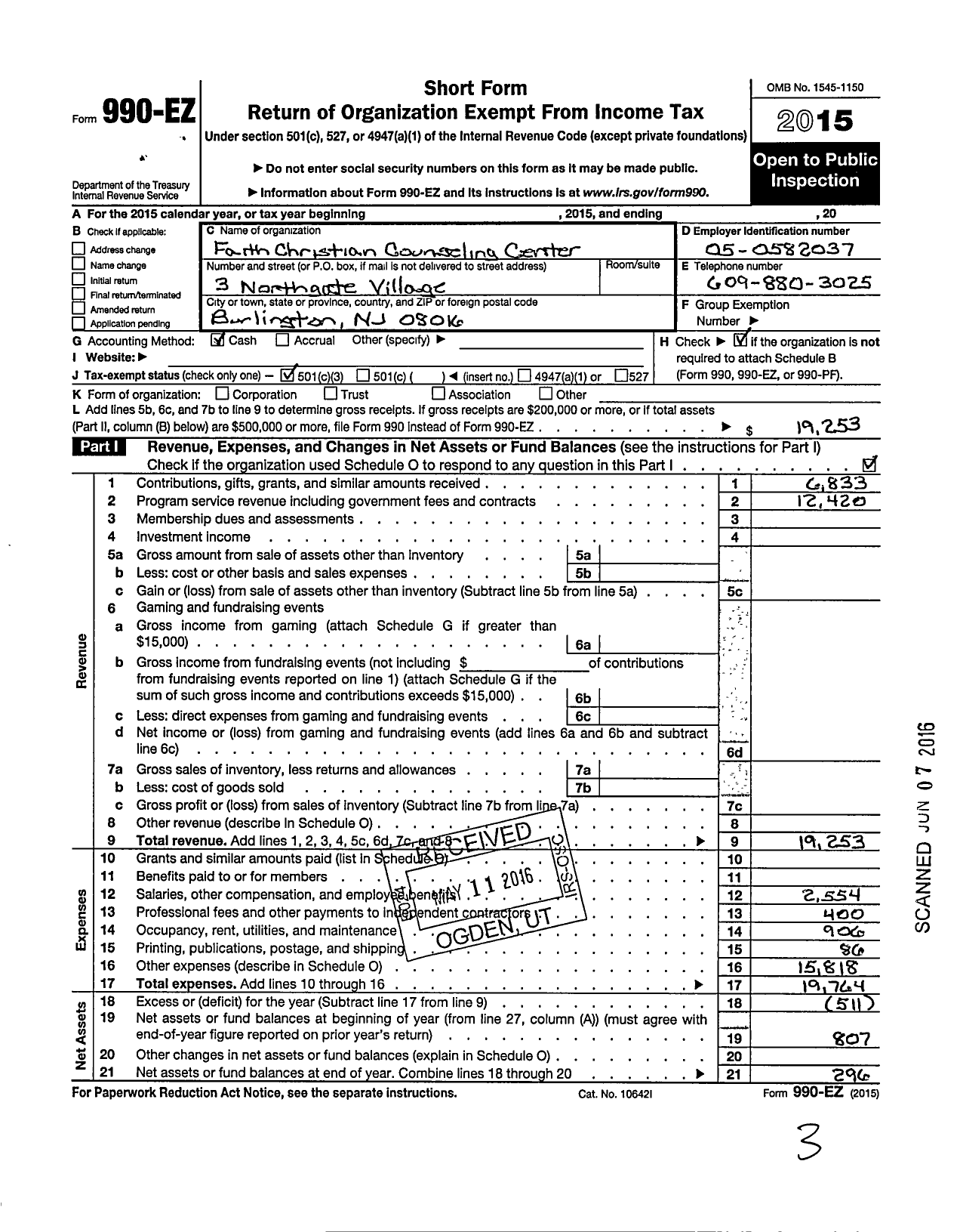 Image of first page of 2015 Form 990EZ for Faith Christian Counseling Center