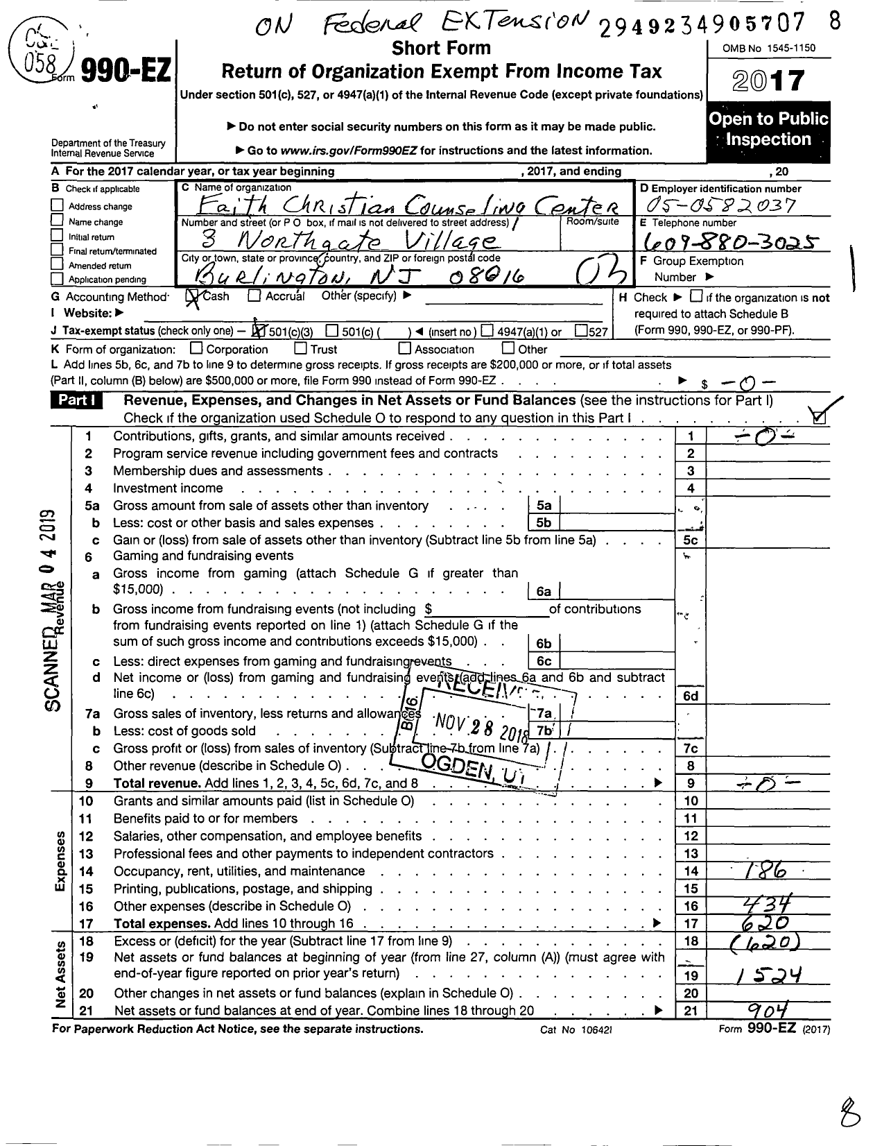 Image of first page of 2017 Form 990EZ for Faith Christian Counseling Center