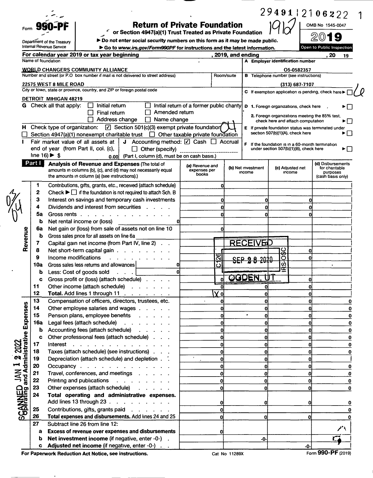 Image of first page of 2019 Form 990PF for World Changers Community Alliance