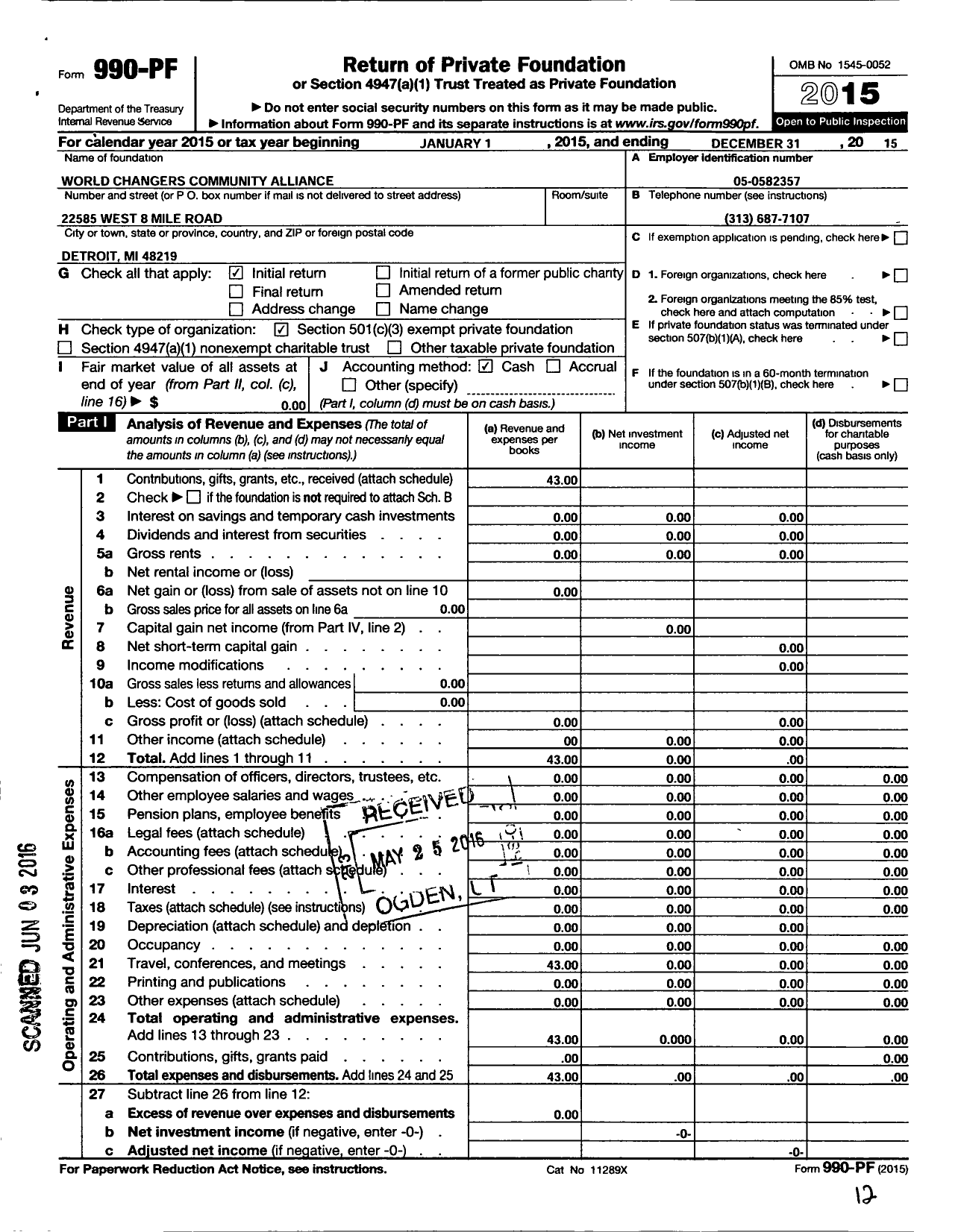 Image of first page of 2015 Form 990PF for World Changers Community Alliance