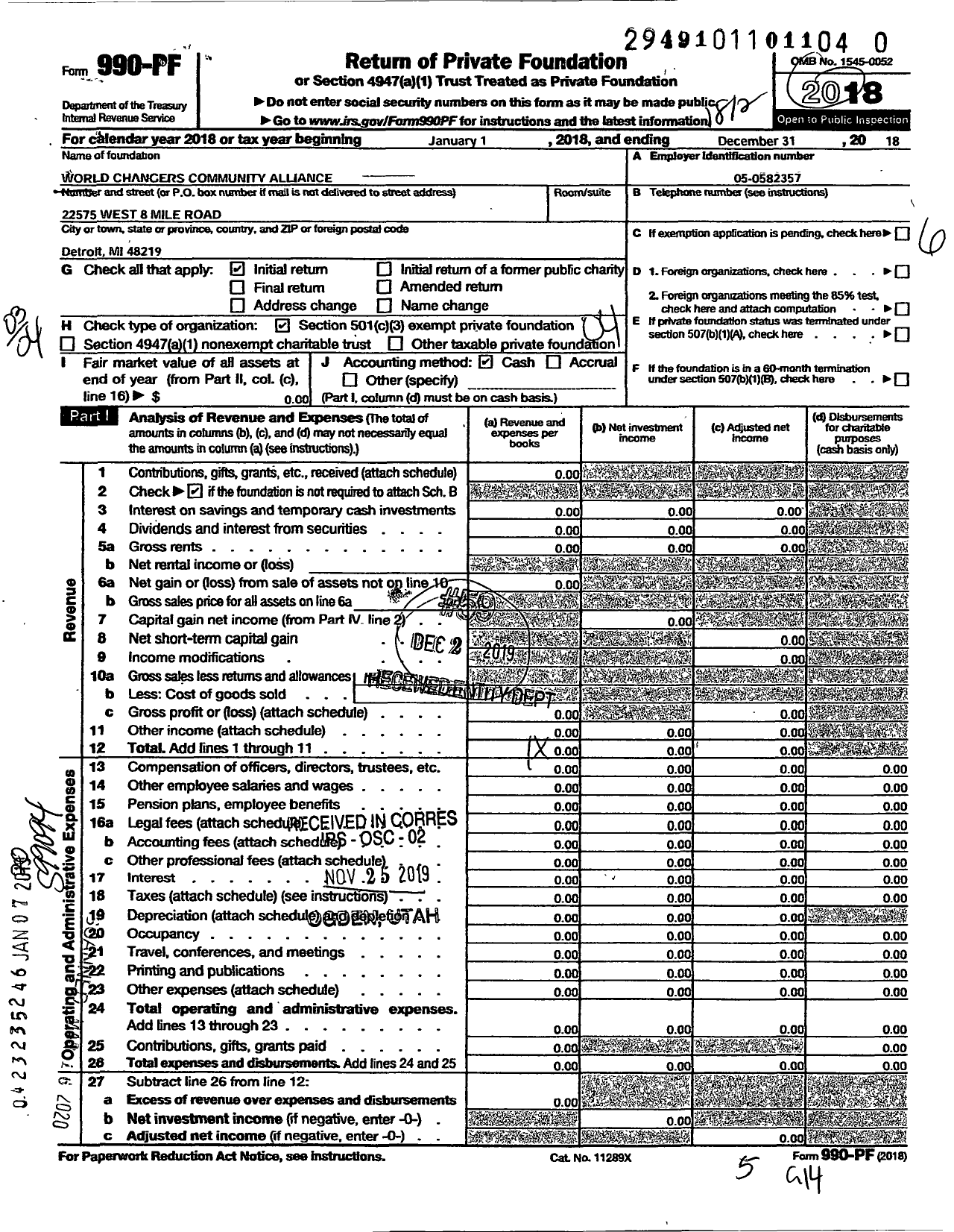 Image of first page of 2018 Form 990PR for World Changers Community Alliance