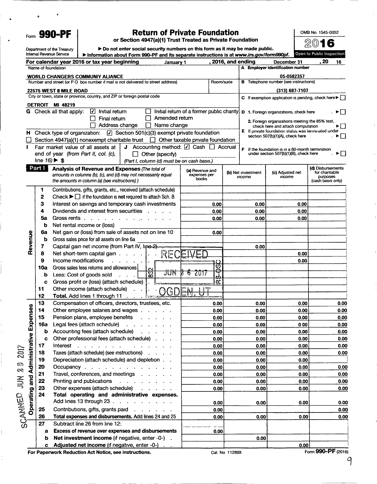 Image of first page of 2016 Form 990PF for World Changers Community Alliance