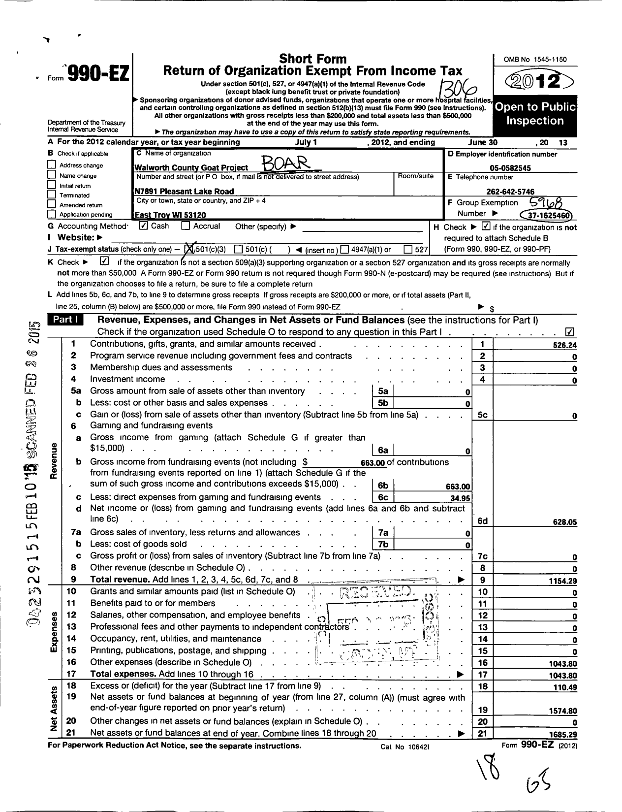 Image of first page of 2012 Form 990EZ for Board of Regents of the University of Wisconsin System / Walworth County Goat Project