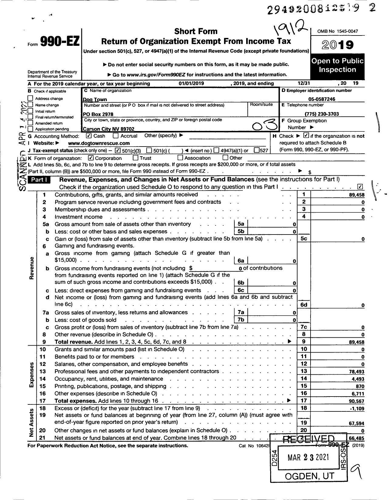 Image of first page of 2019 Form 990EZ for Dog Town