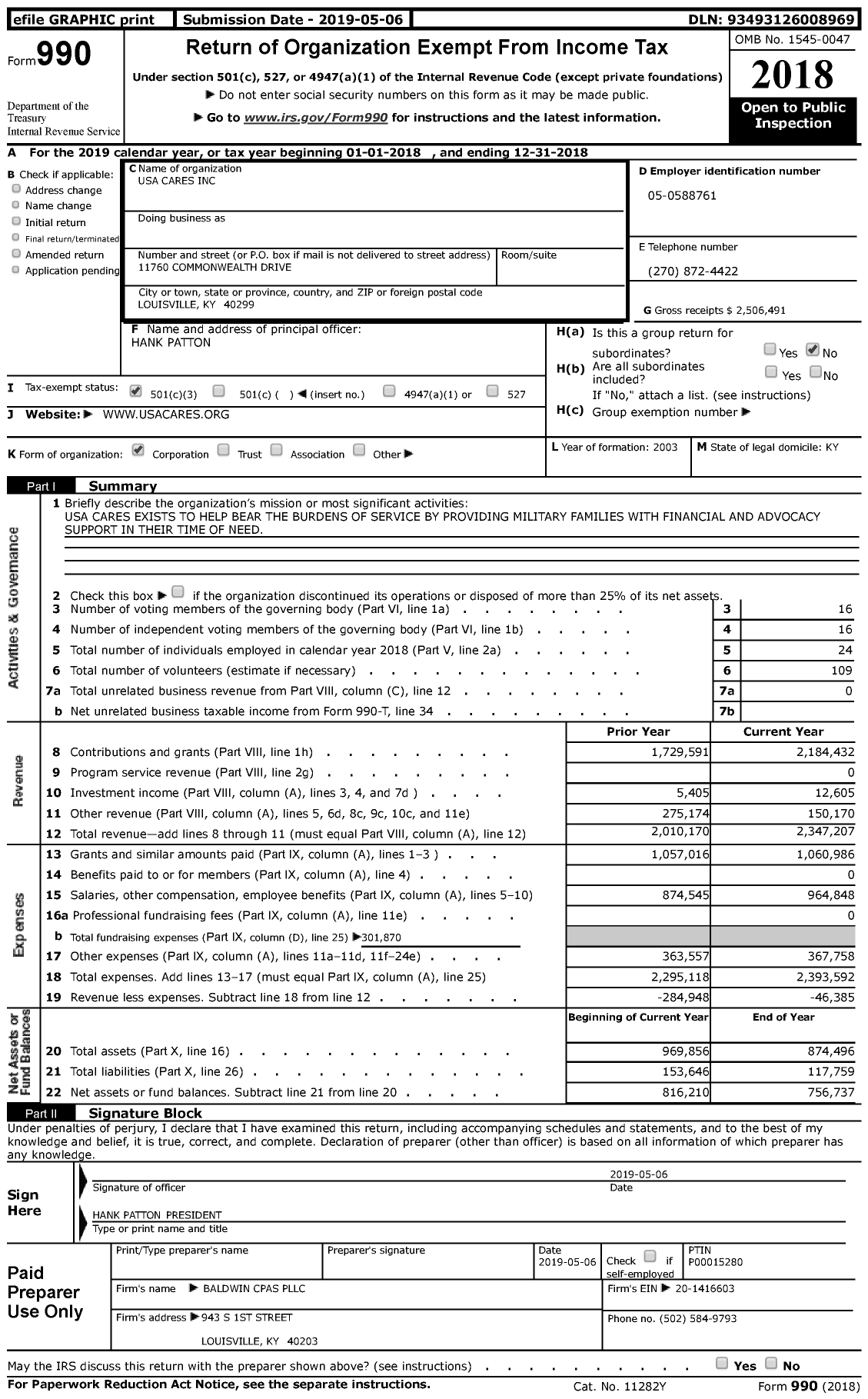 Image of first page of 2018 Form 990 for USA Cares