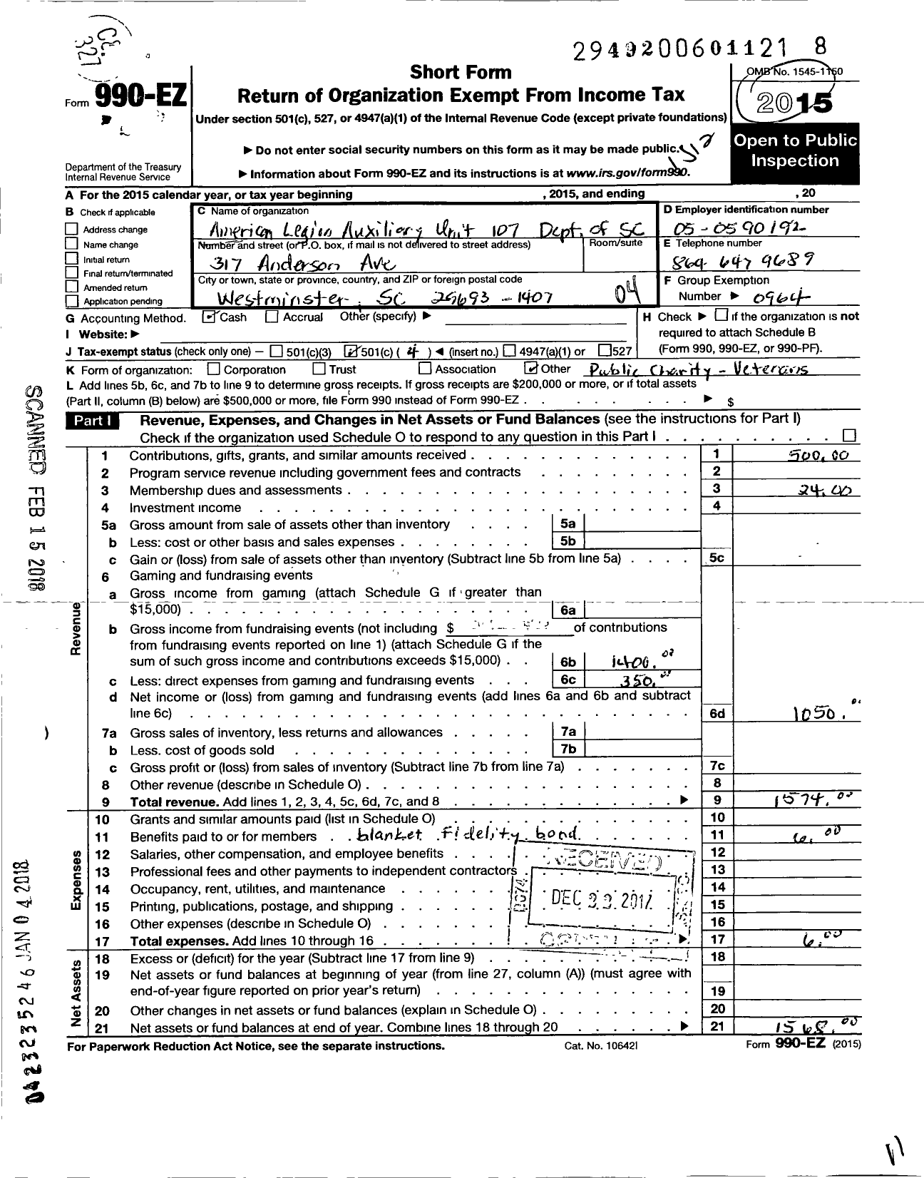 Image of first page of 2015 Form 990EO for American Legion Auxiliary - 107 Westminster Memorial