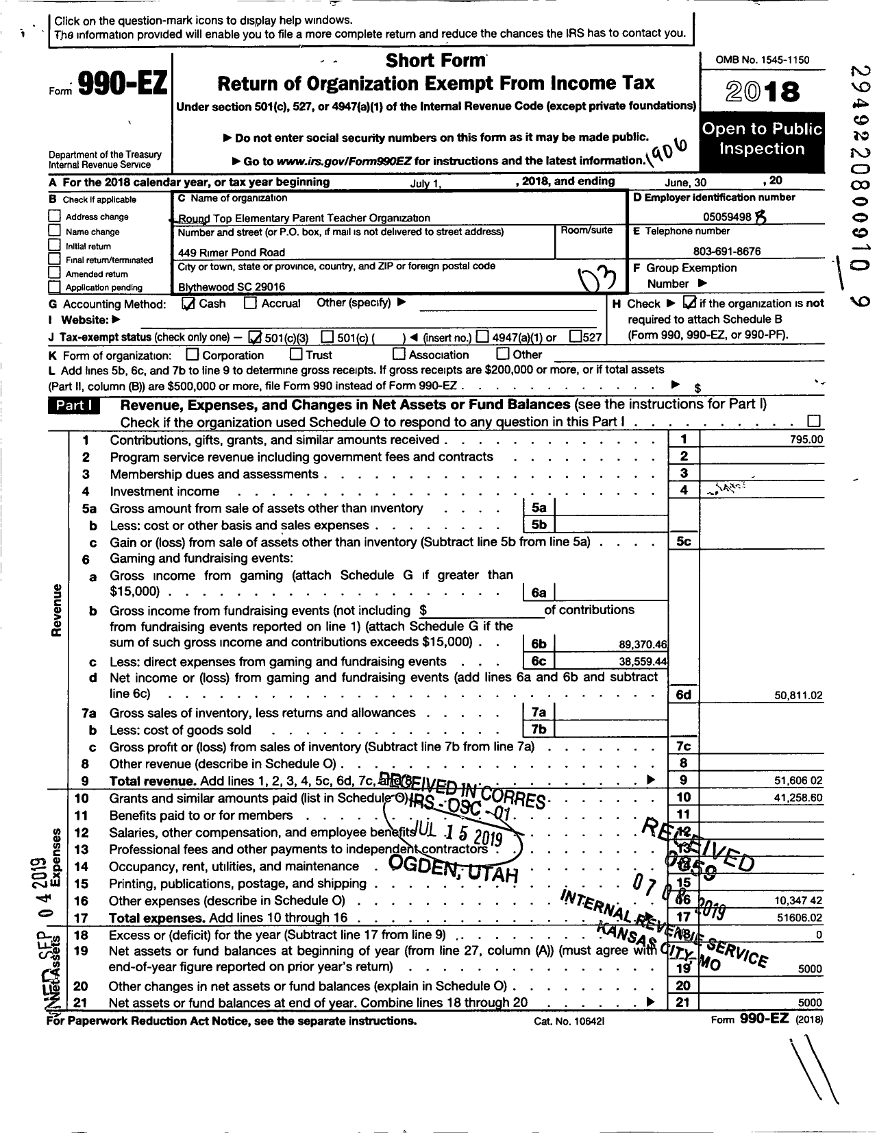 Image of first page of 2018 Form 990EZ for Round Top Elementary PTO