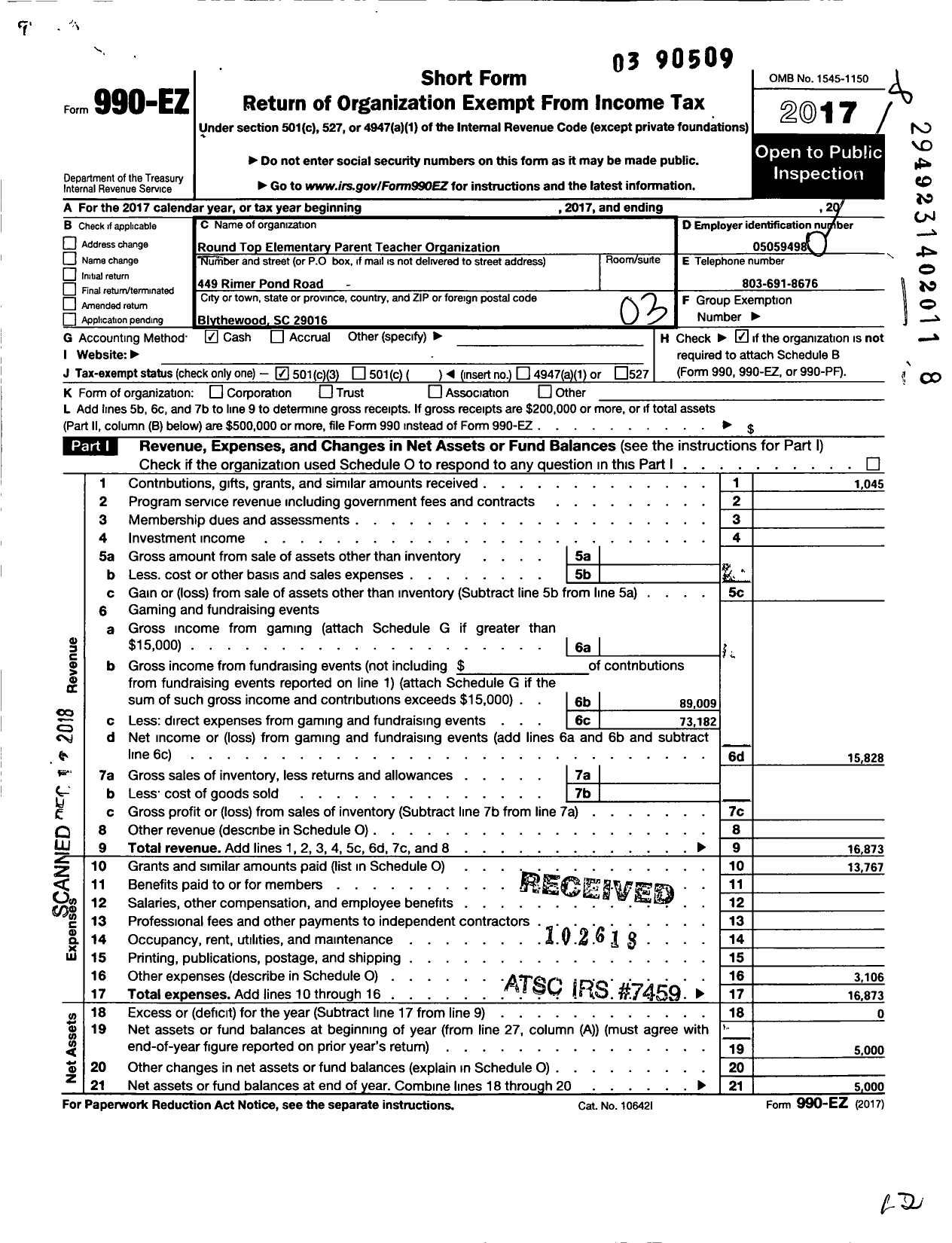 Image of first page of 2017 Form 990EZ for Round Top Elementary PTO