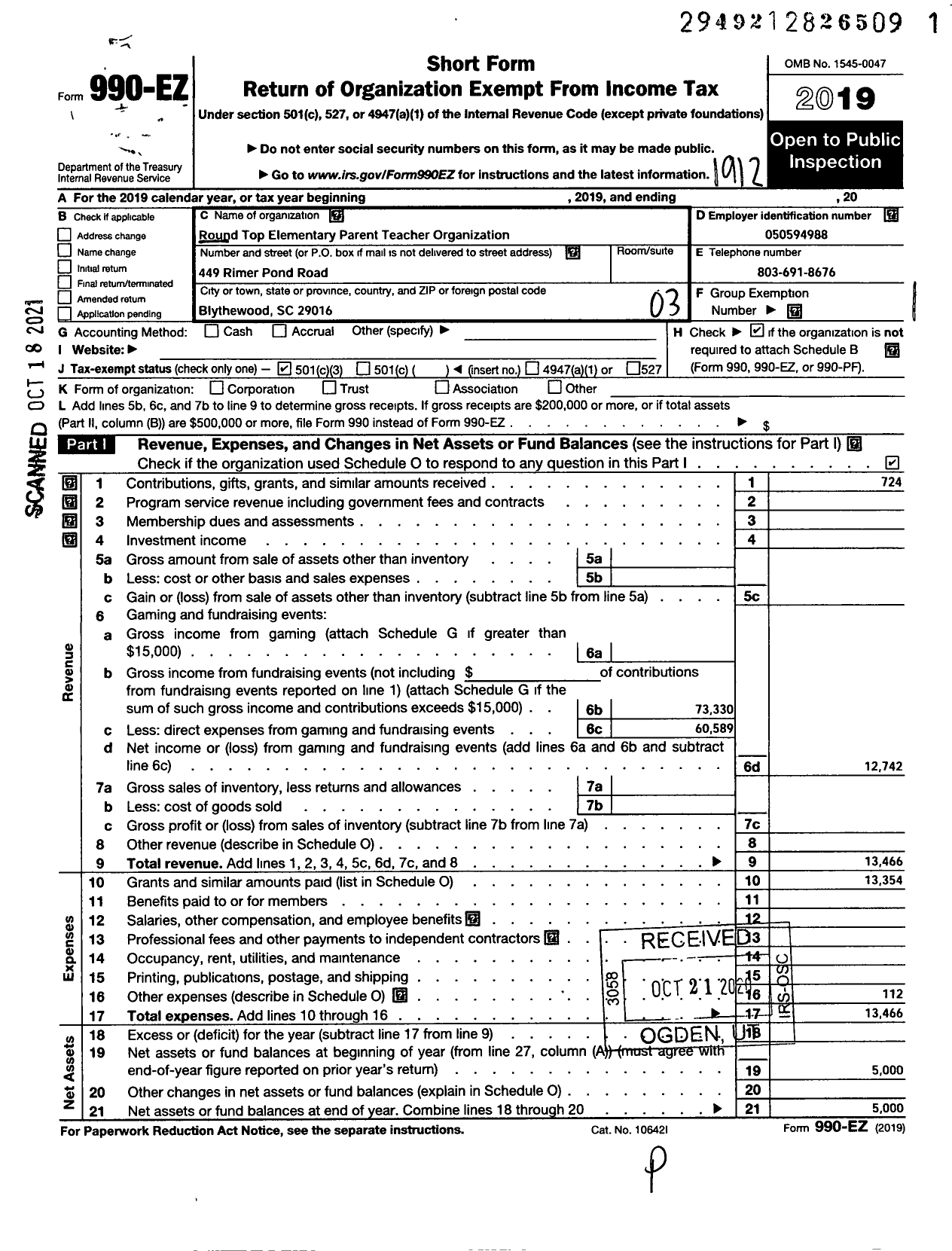 Image of first page of 2019 Form 990EZ for Round Top Elementary PTO