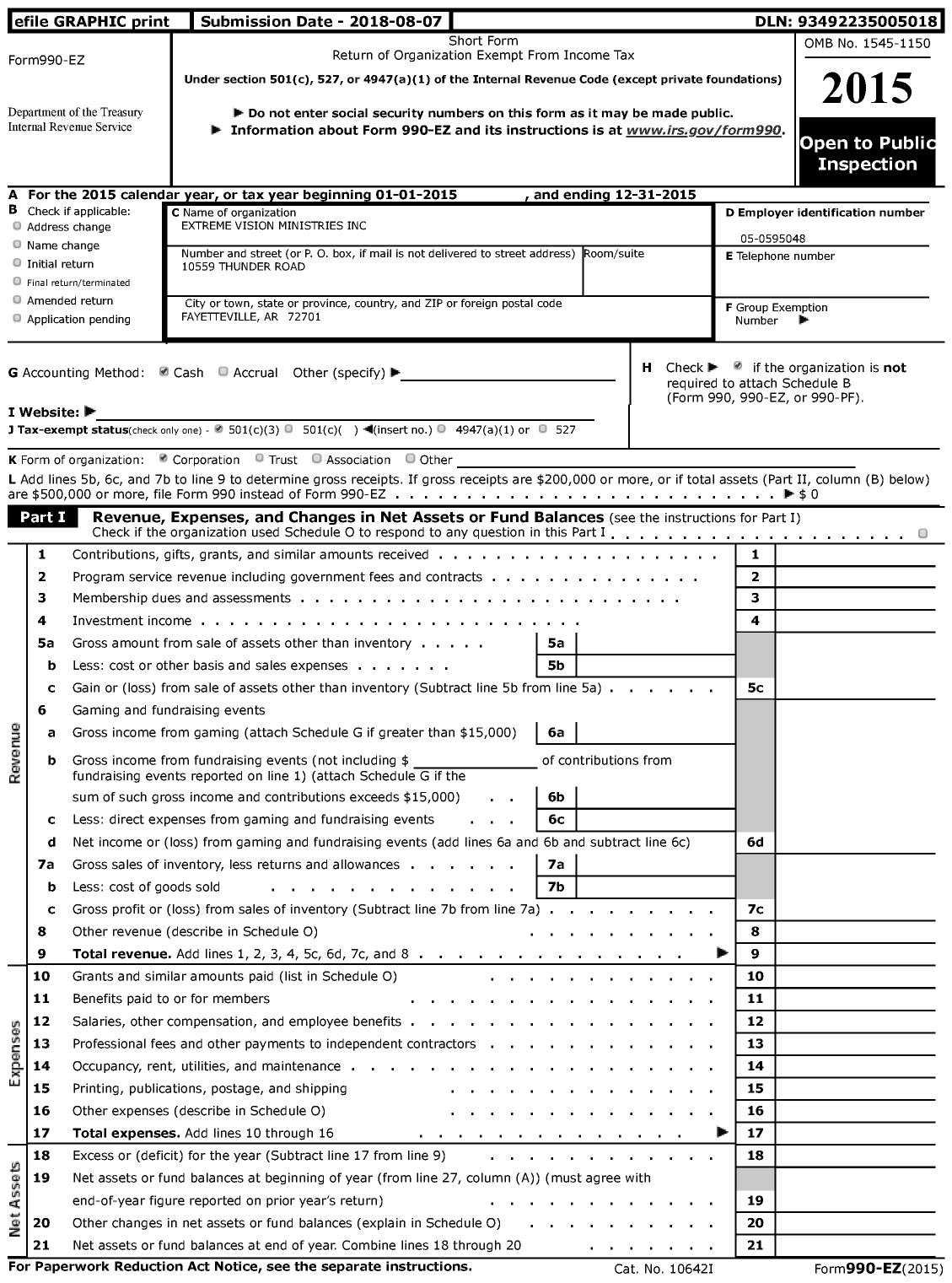 Image of first page of 2015 Form 990EZ for Extreme Vision Ministries