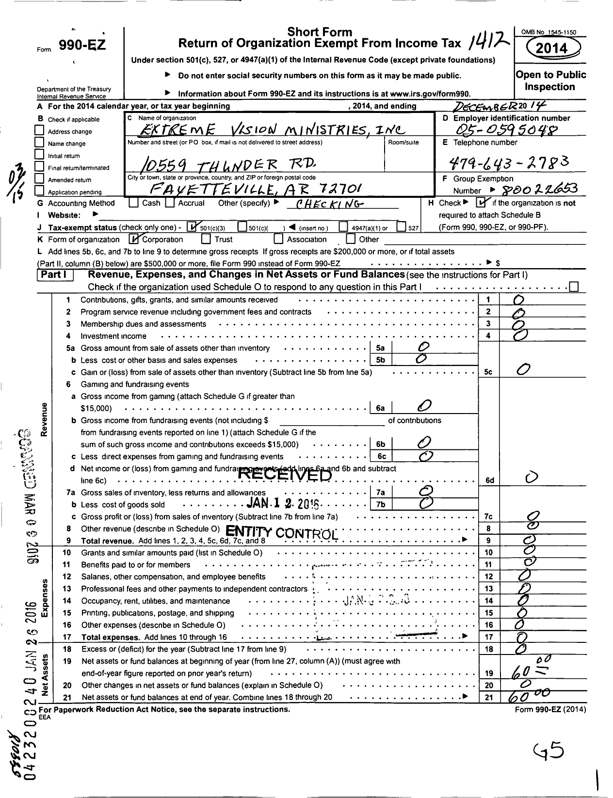 Image of first page of 2014 Form 990EZ for Extreme Vision Ministries