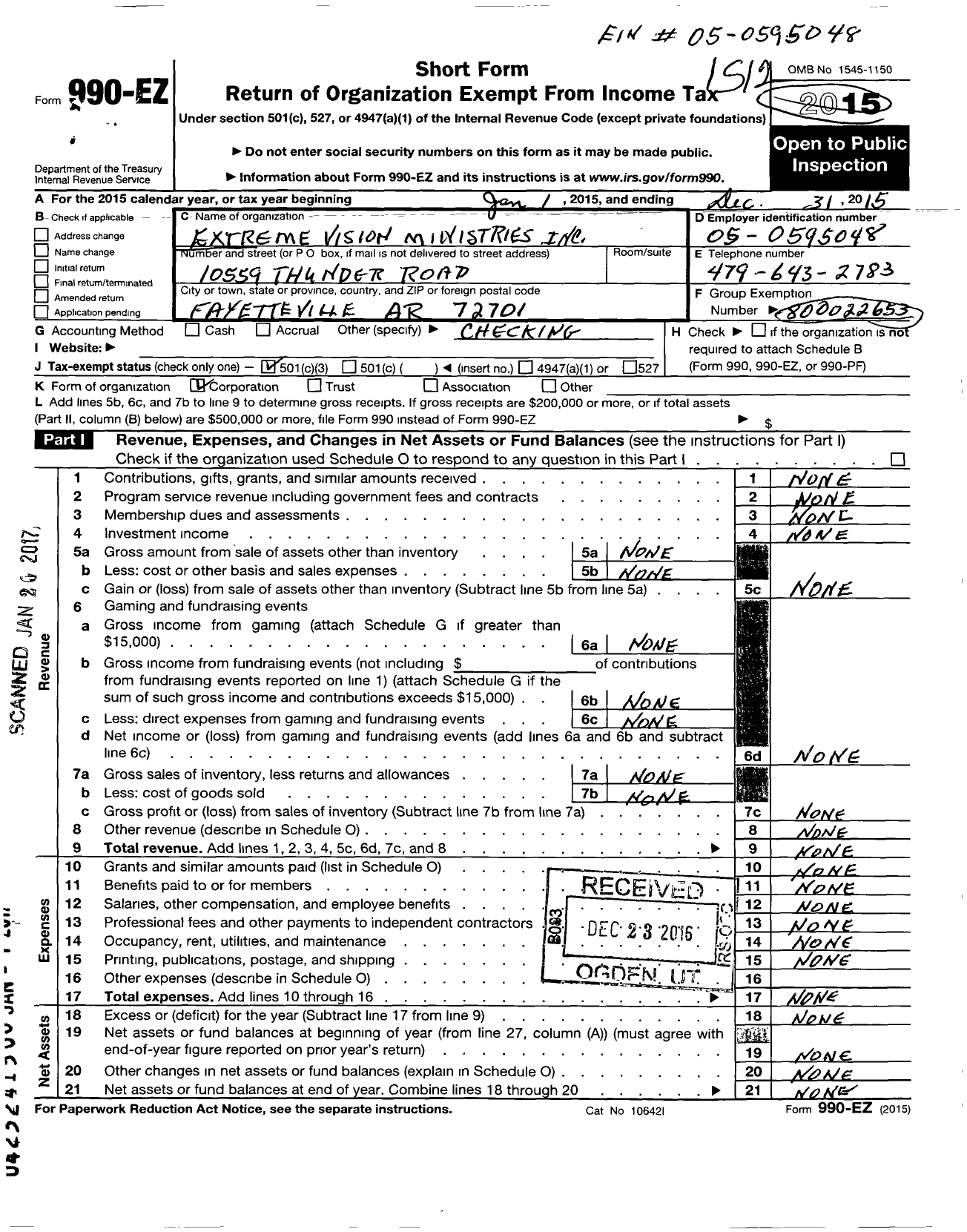 Image of first page of 2015 Form 990EZ for Extreme Vision Ministries