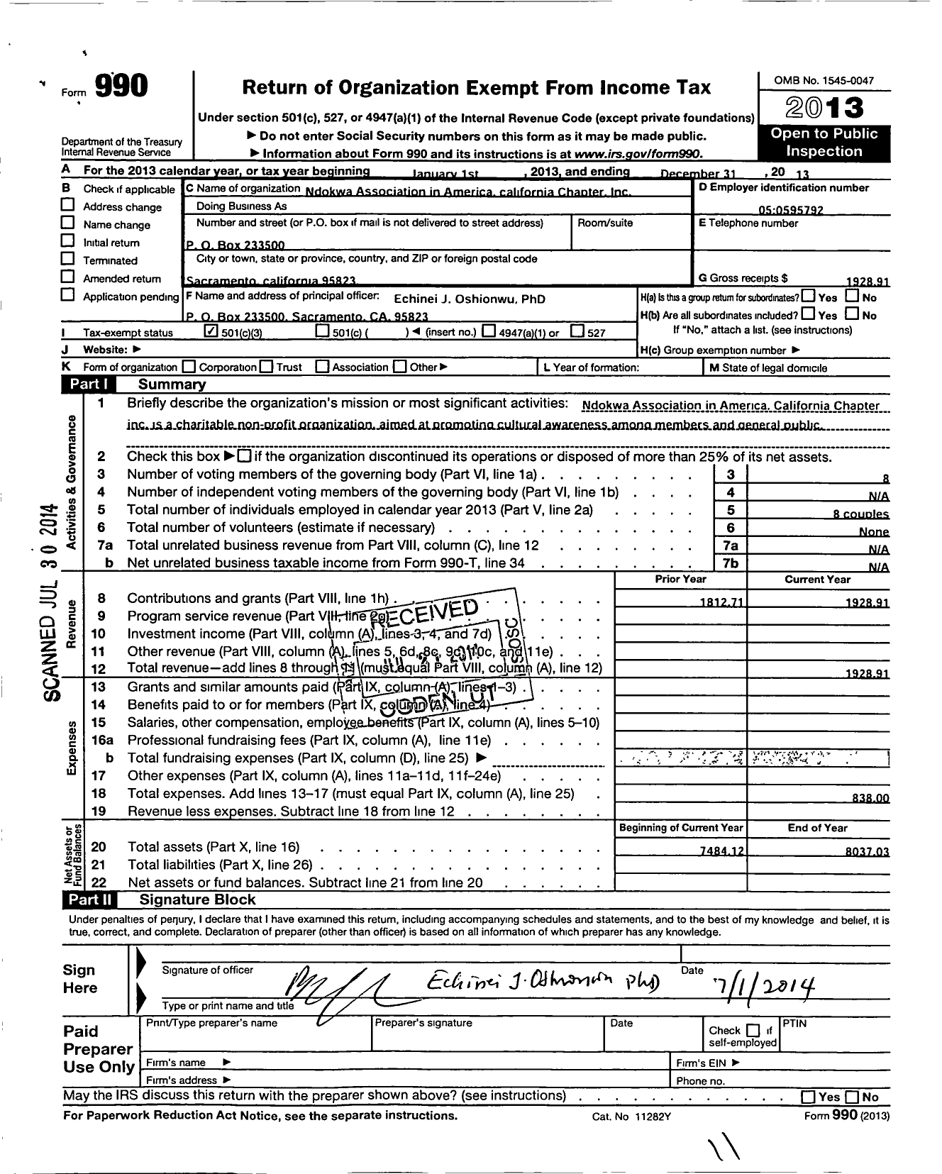 Image of first page of 2013 Form 990 for Ndokwa Association in America (NAIA)