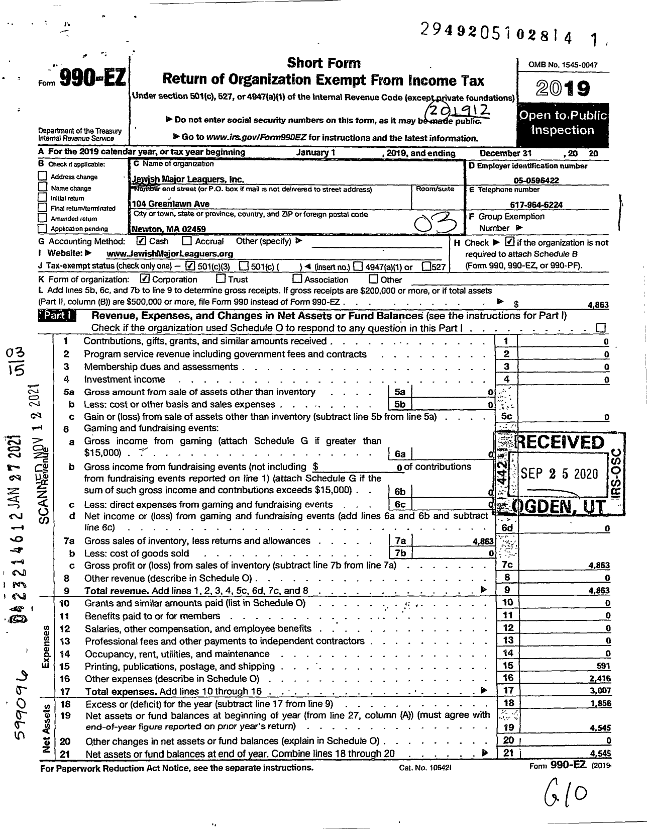 Image of first page of 2019 Form 990EZ for Jewish Major Leaguers