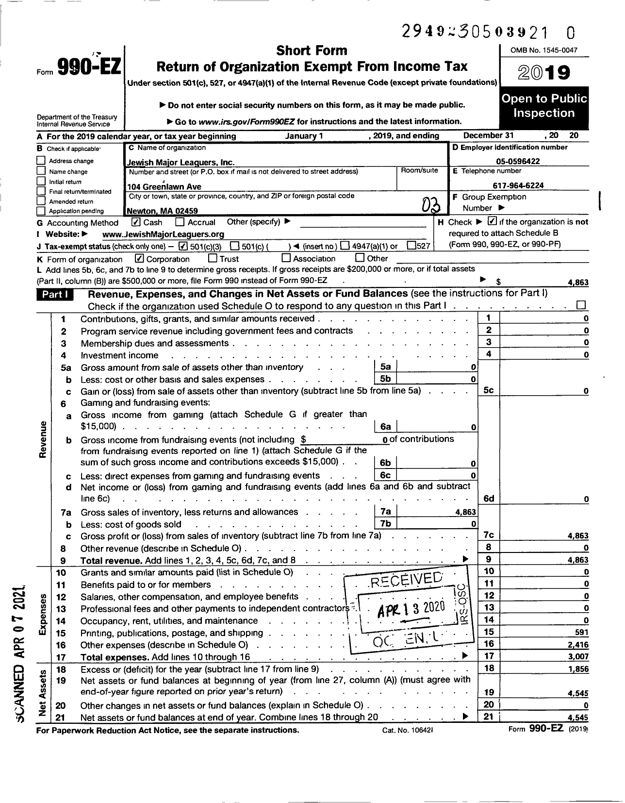 Image of first page of 2020 Form 990EZ for Jewish Major Leaguers