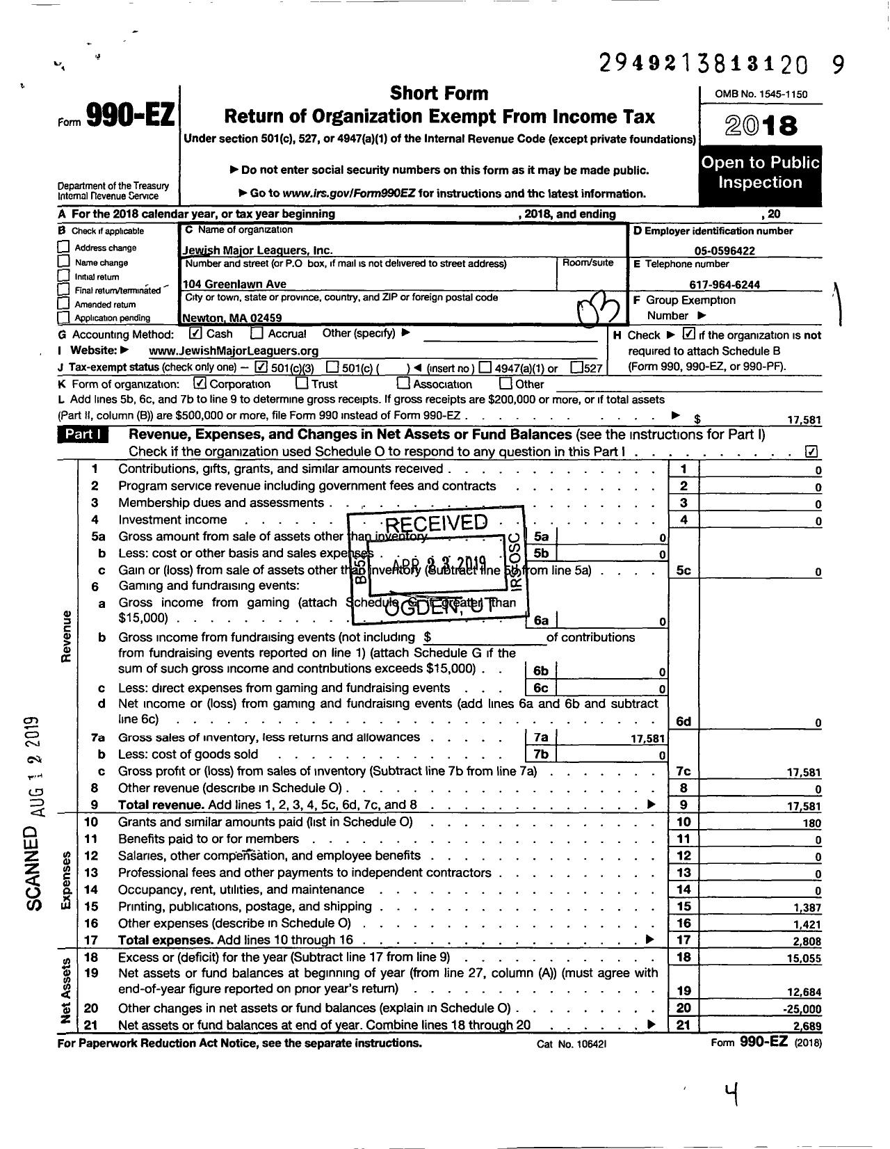 Image of first page of 2018 Form 990EZ for Jewish Major Leaguers