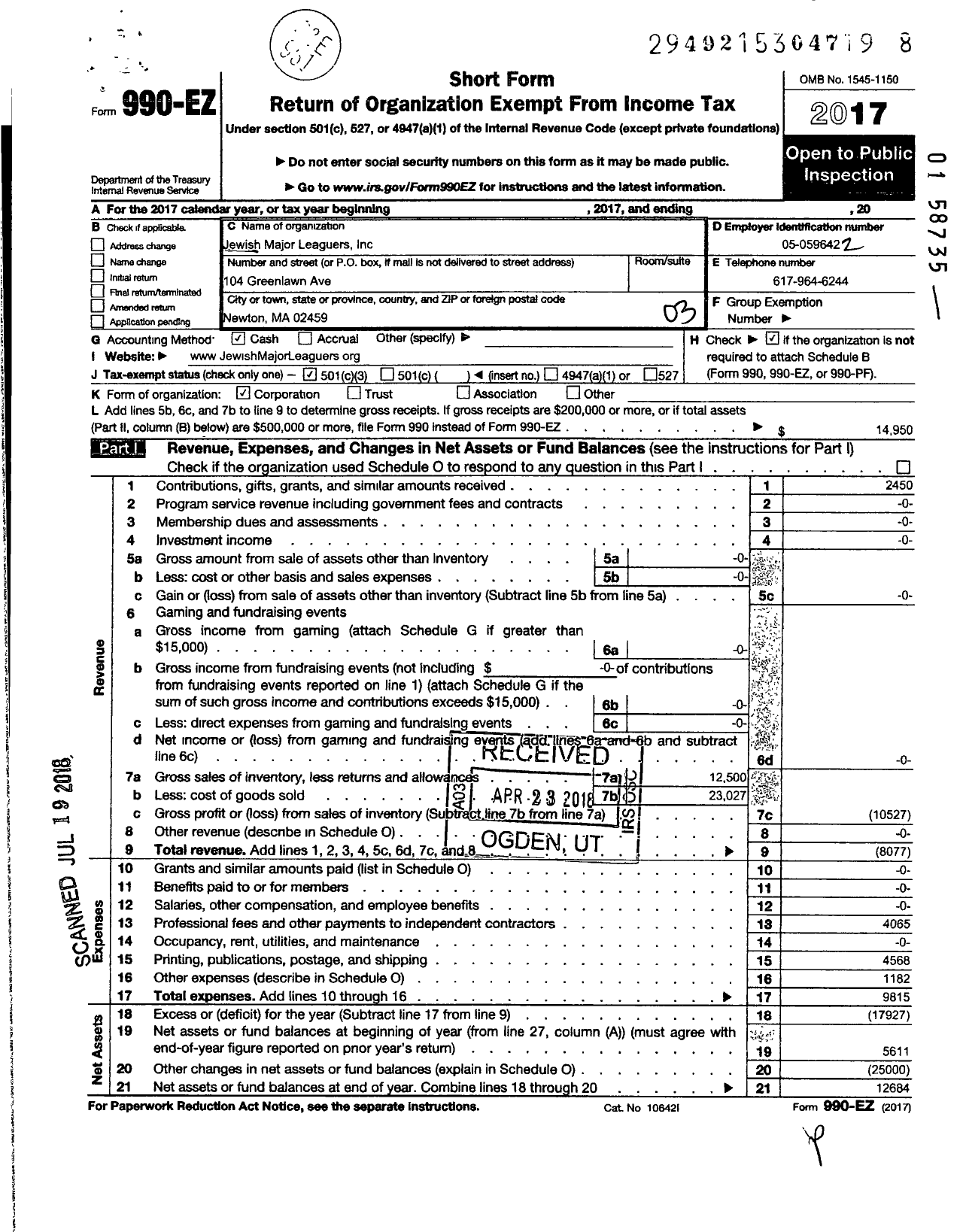 Image of first page of 2017 Form 990EZ for Jewish Major Leaguers