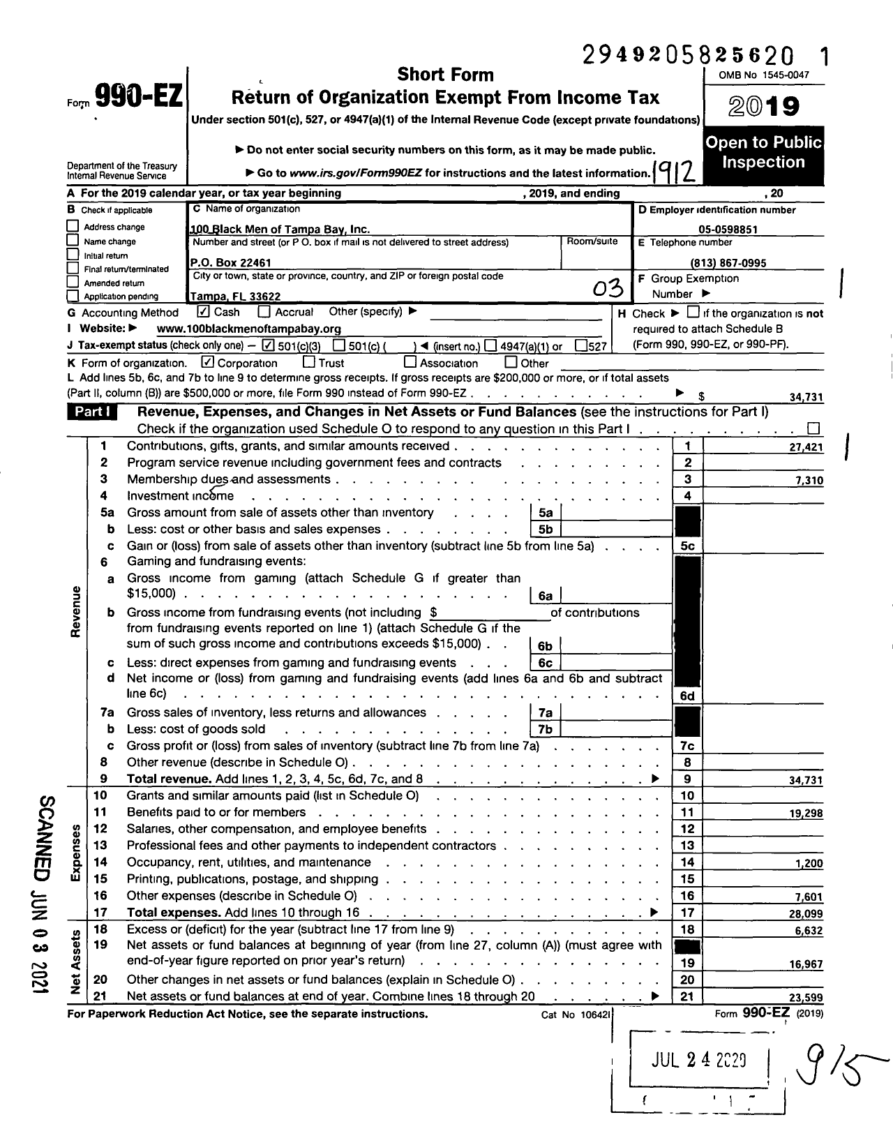 Image of first page of 2019 Form 990EZ for 100 Black Men of Tampa Bay