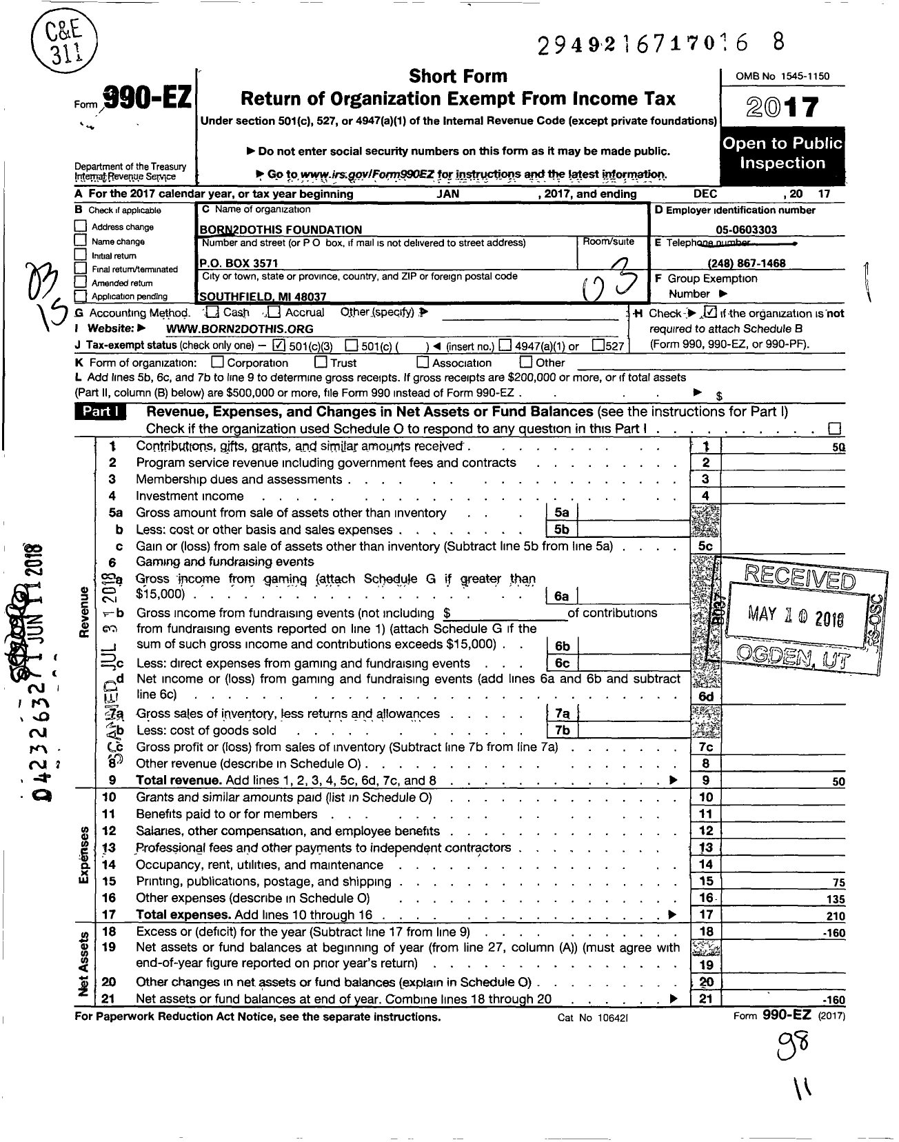 Image of first page of 2017 Form 990EZ for Born2dothis Foundation