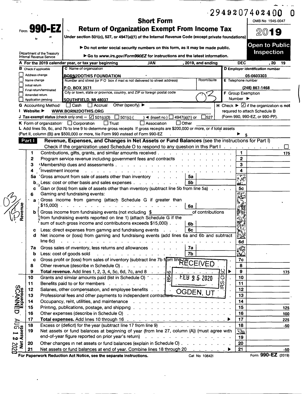 Image of first page of 2019 Form 990EZ for Born2dothis Foundation