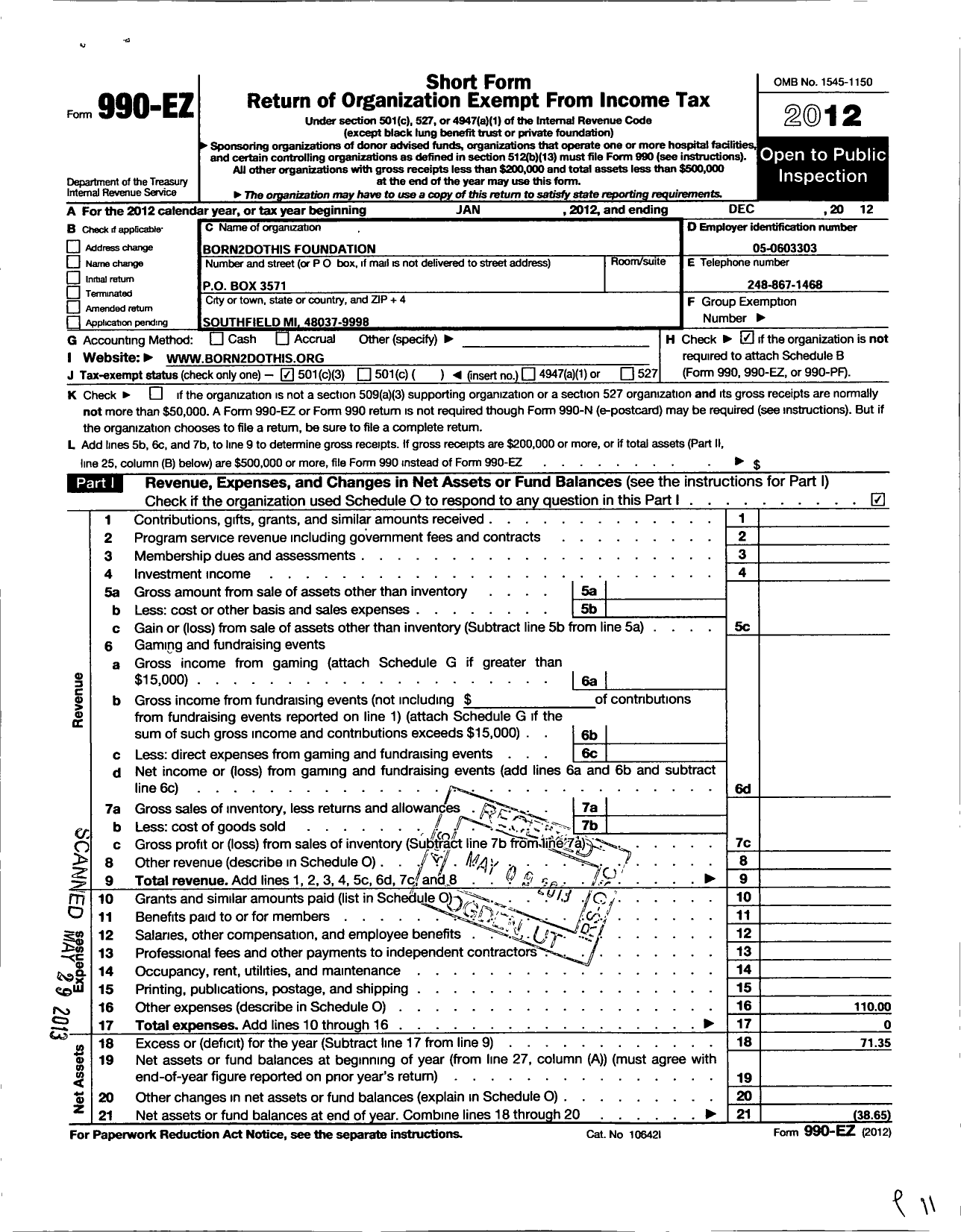 Image of first page of 2012 Form 990EZ for Born2dothis Foundation