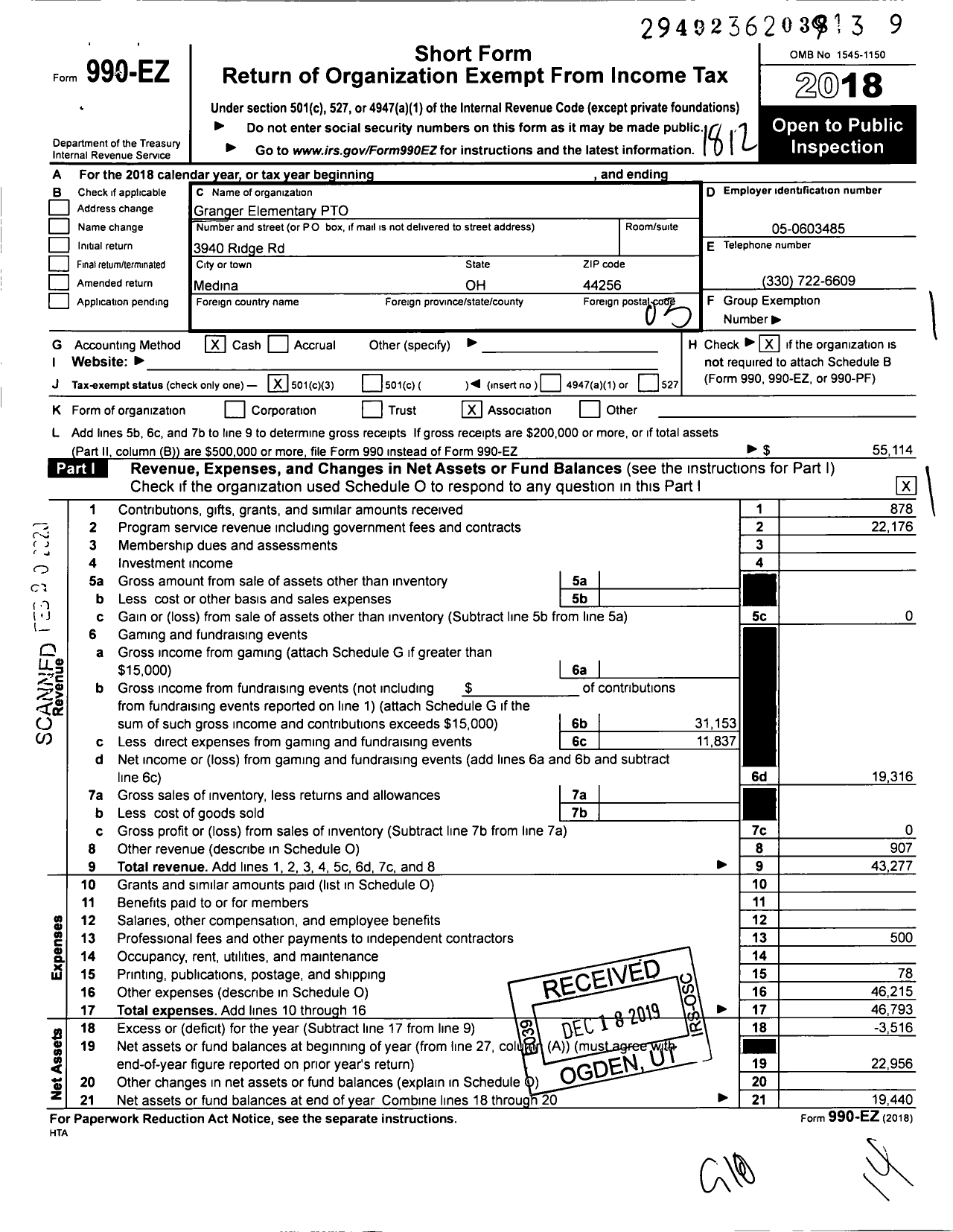 Image of first page of 2018 Form 990EZ for Granger Elementary Parent-Teacher Organization