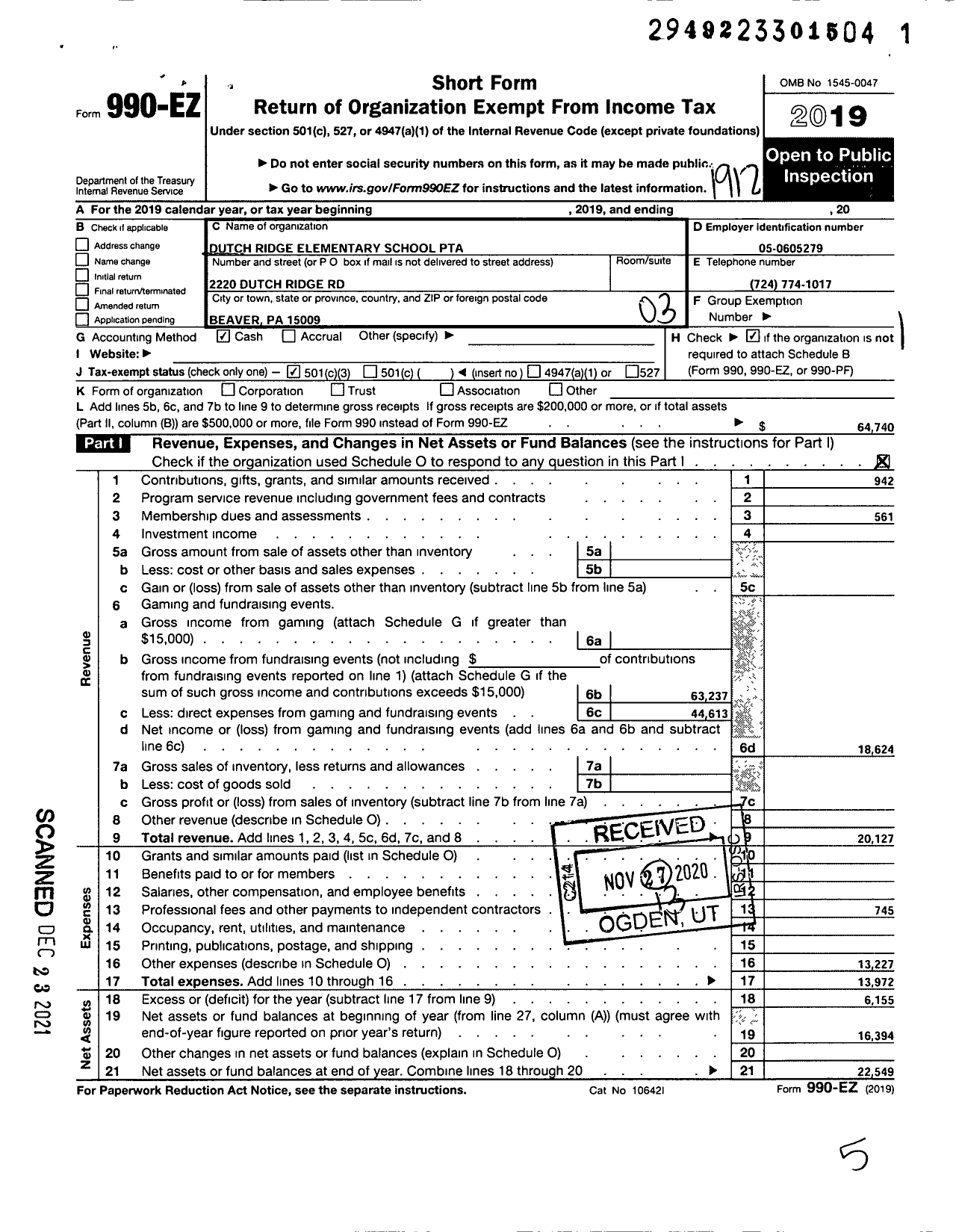 Image of first page of 2019 Form 990EZ for PTA Pennslyvania Congress Dutch Ridge Elementary School PTA