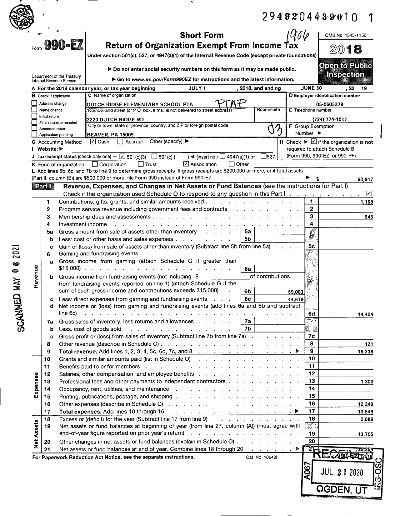 Image of first page of 2018 Form 990EZ for PTA Pennslyvania Congress Dutch Ridge Elementary School PTA