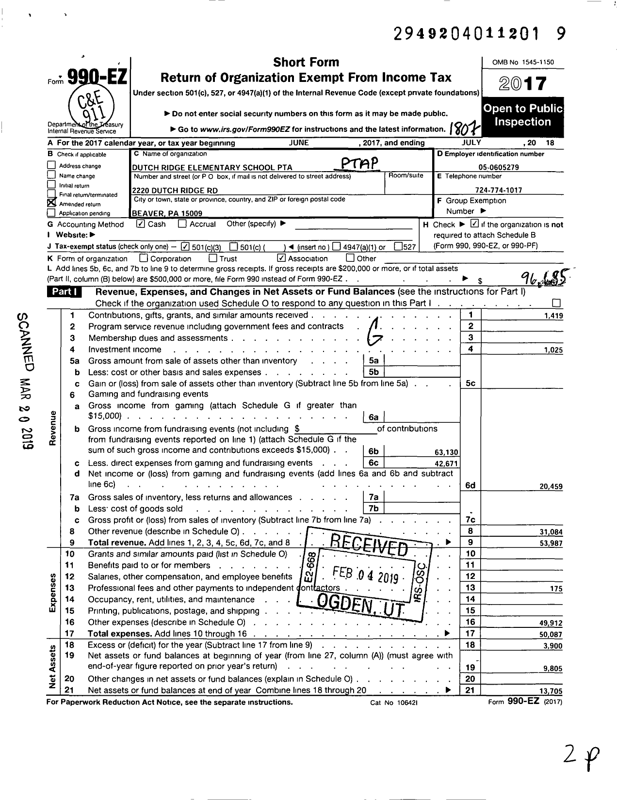 Image of first page of 2017 Form 990EZ for PTA Pennslyvania Congress Dutch Ridge Elementary School PTA