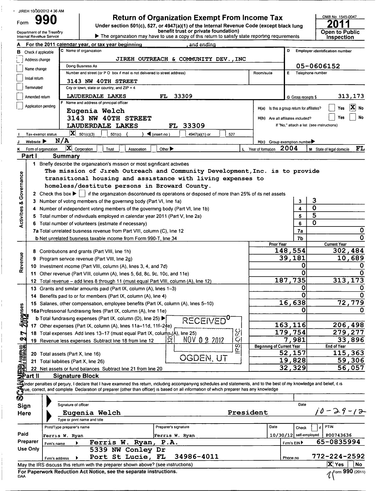 Image of first page of 2011 Form 990 for Jireh Outreach and Community Development