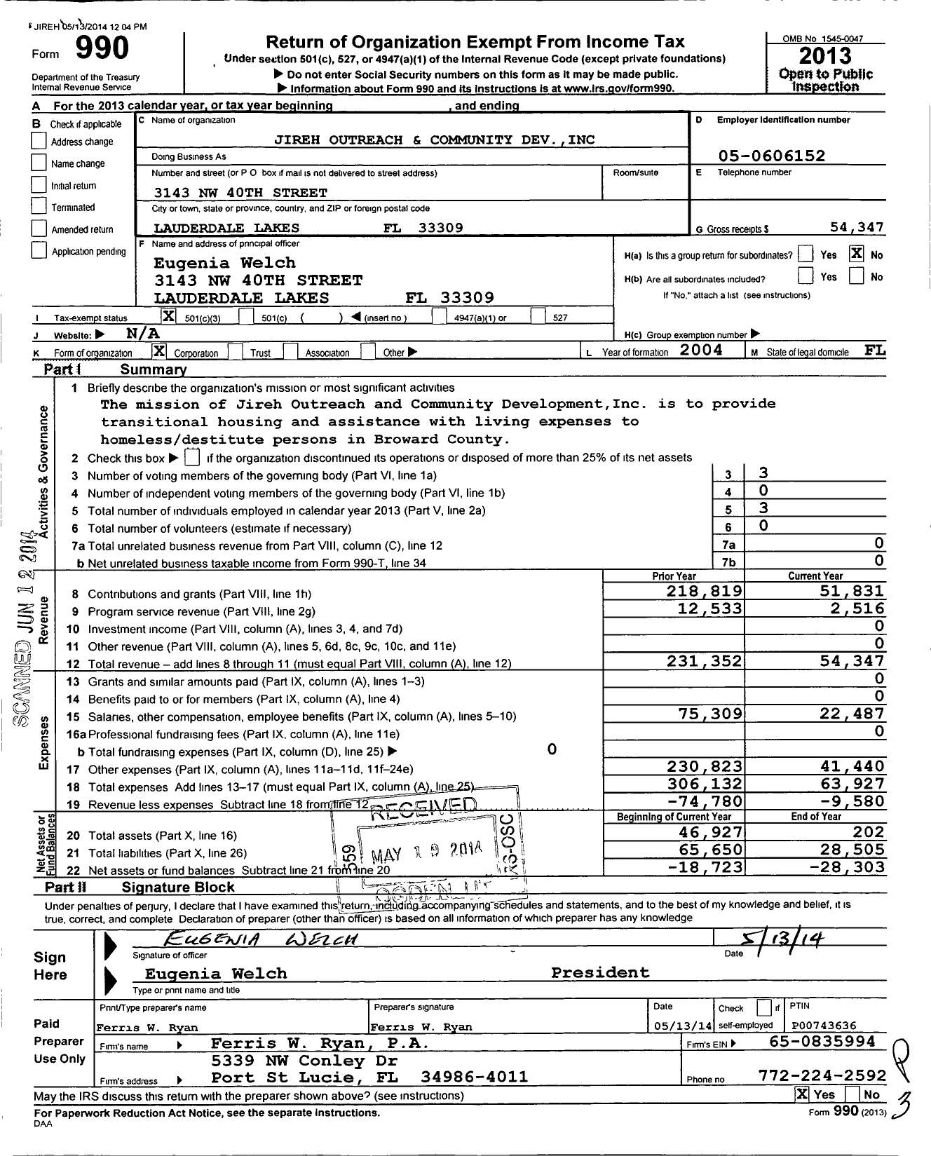 Image of first page of 2013 Form 990 for Jireh Outreach and Community Development