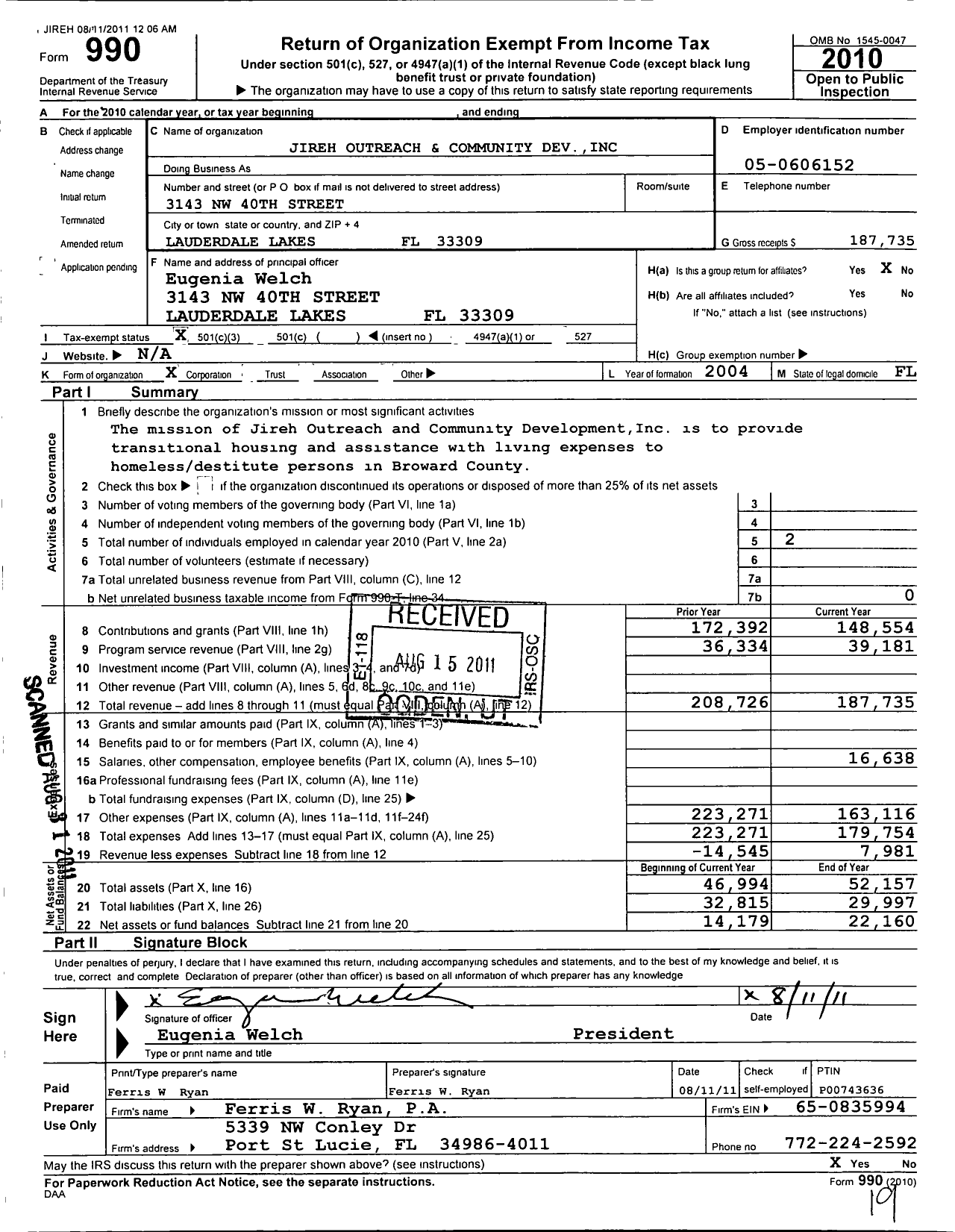 Image of first page of 2010 Form 990 for Jireh Outreach and Community Development