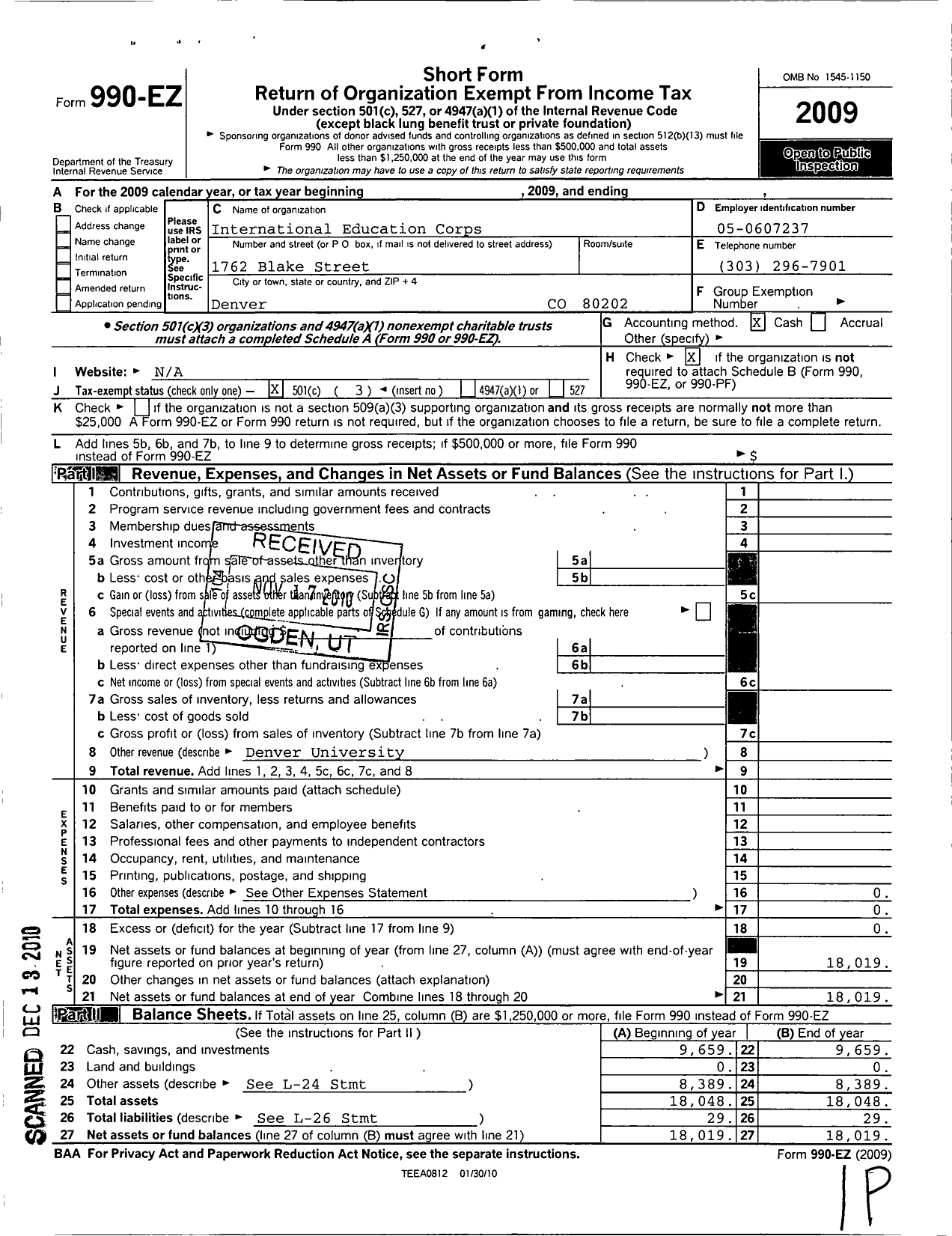 Image of first page of 2009 Form 990EZ for International Education Corps