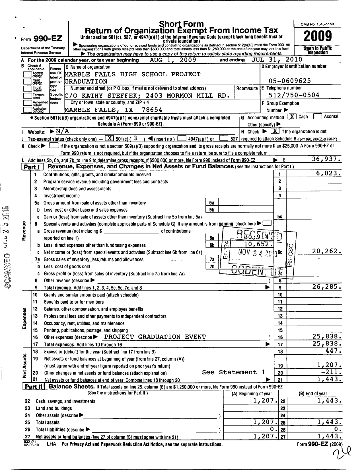 Image of first page of 2009 Form 990EZ for Marble Falls High School Project Graduation