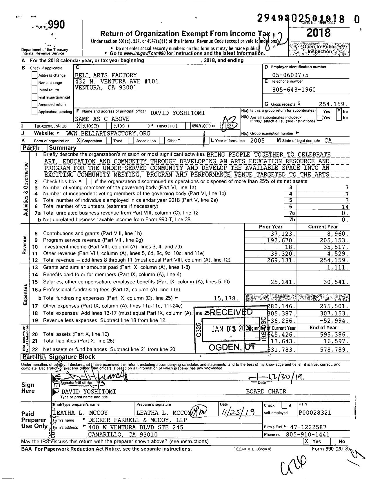 Image of first page of 2018 Form 990 for Bell Arts Factory
