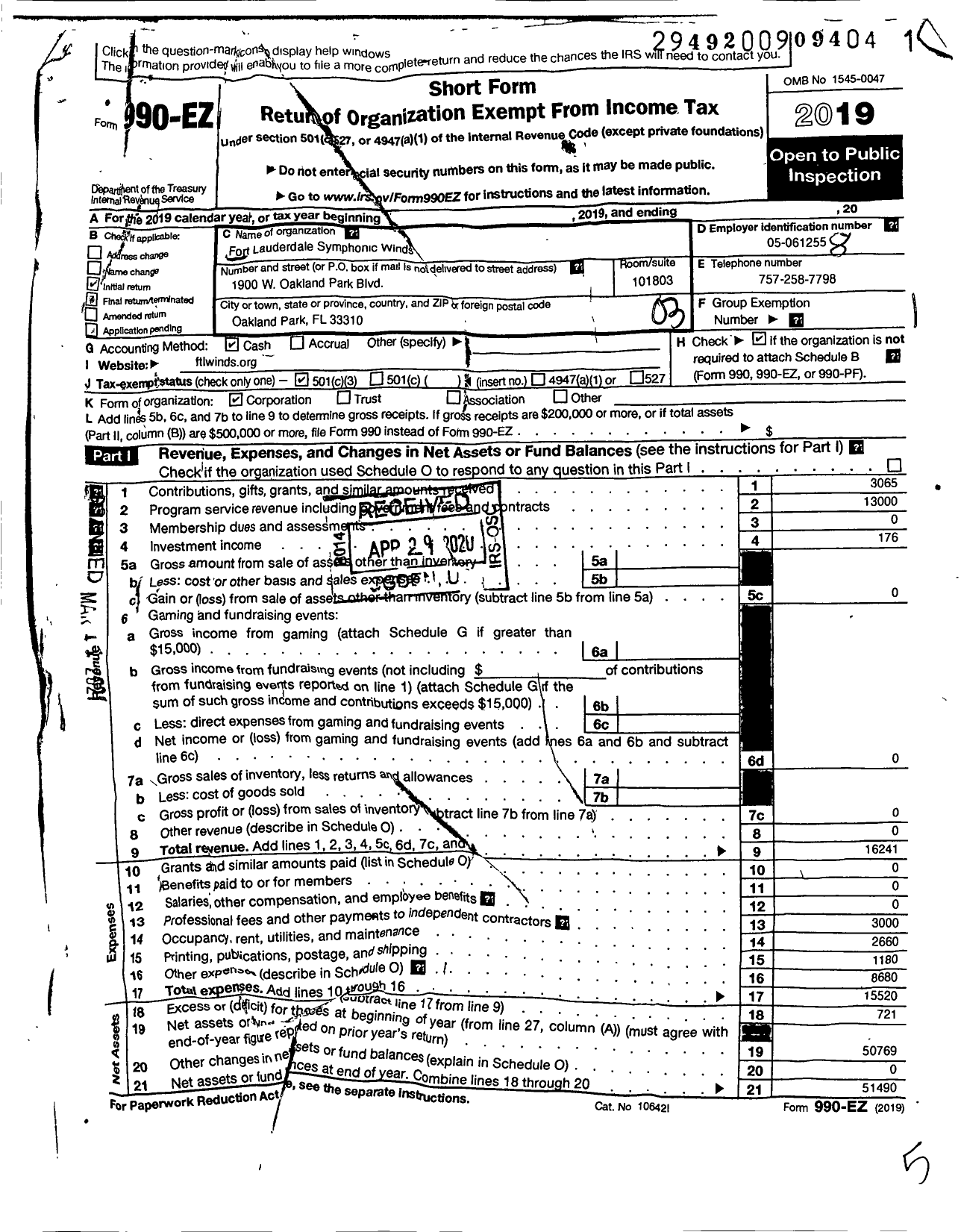 Image of first page of 2019 Form 990EZ for Fort Lauderdale Symphonic Winds