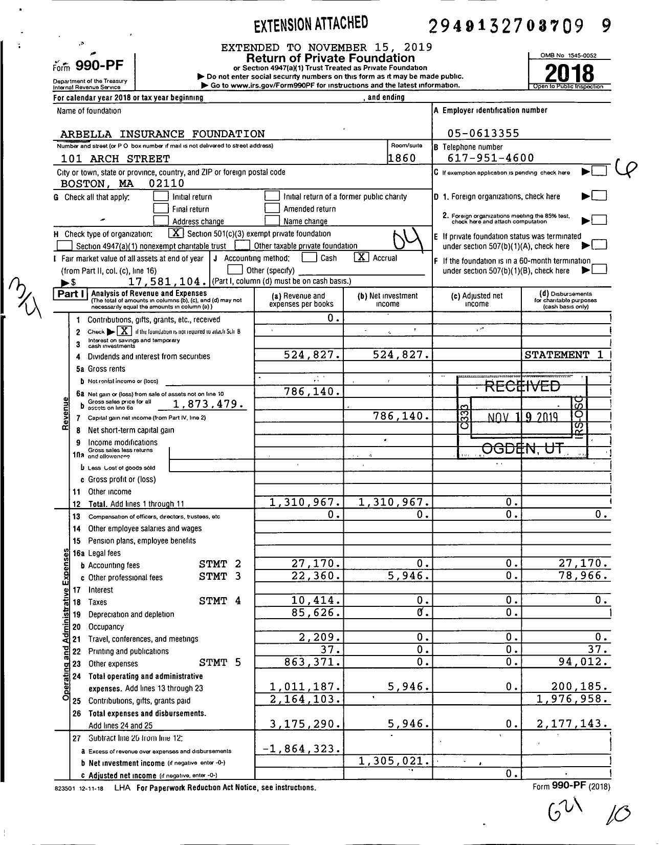 Image of first page of 2018 Form 990PF for Arbella Insurance Foundation