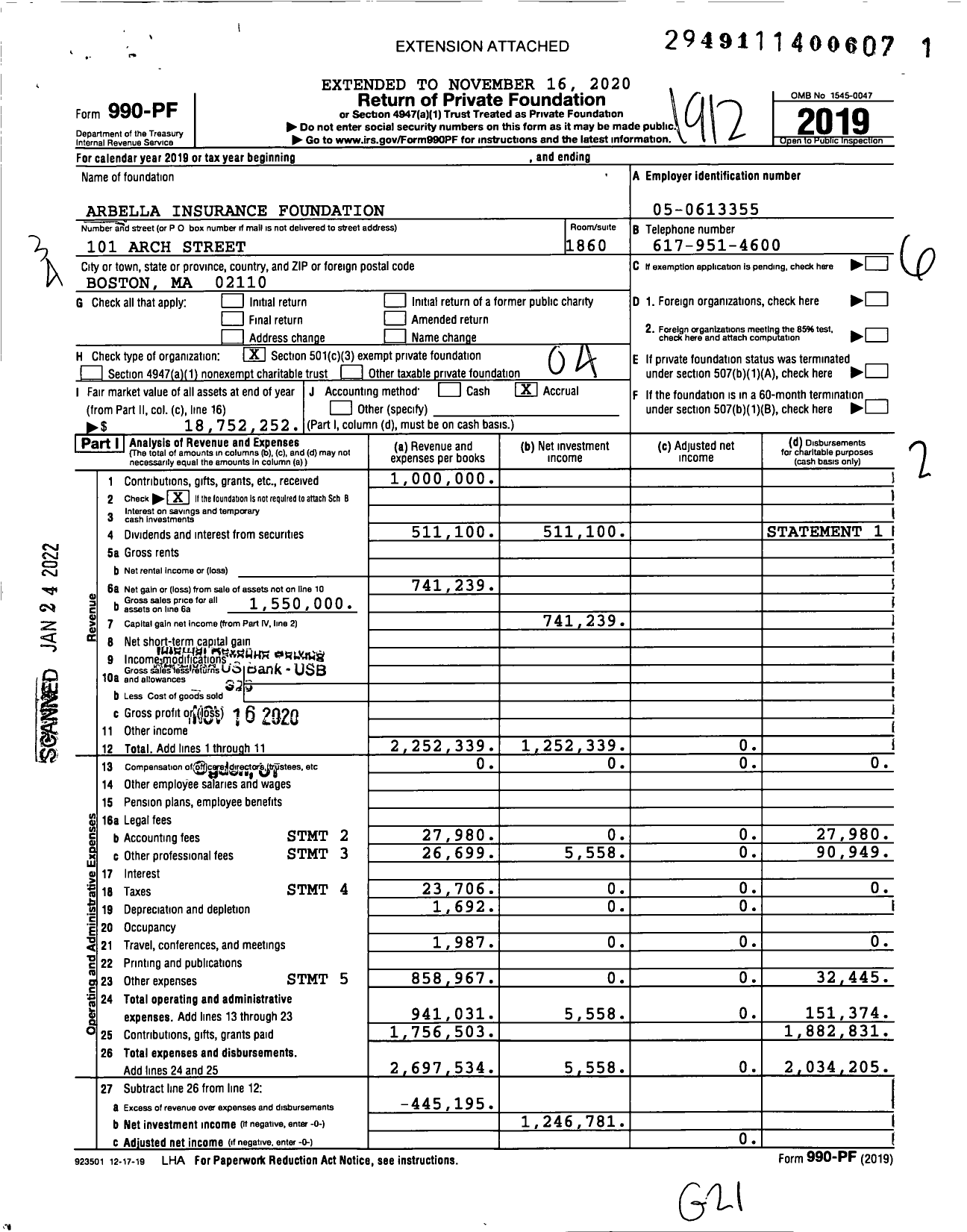 Image of first page of 2019 Form 990PF for Arbella Insurance Foundation