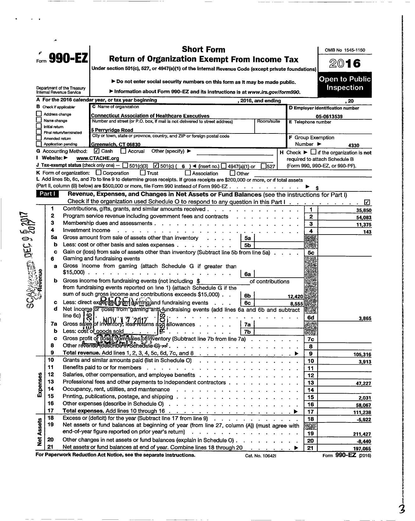 Image of first page of 2016 Form 990EO for Connecticut Association of Healthcare Executives