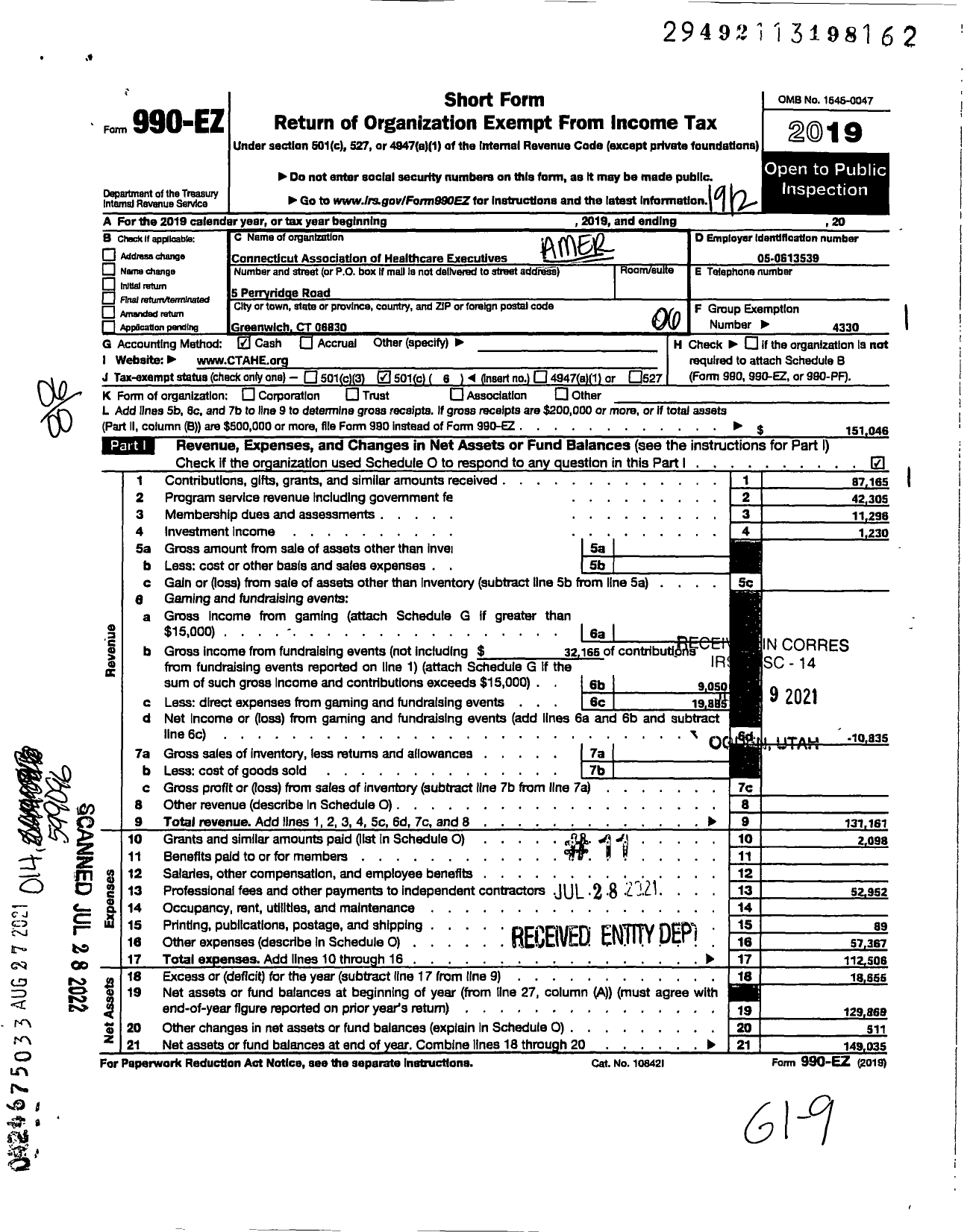 Image of first page of 2019 Form 990EO for Connecticut Association of Healthcare Executives