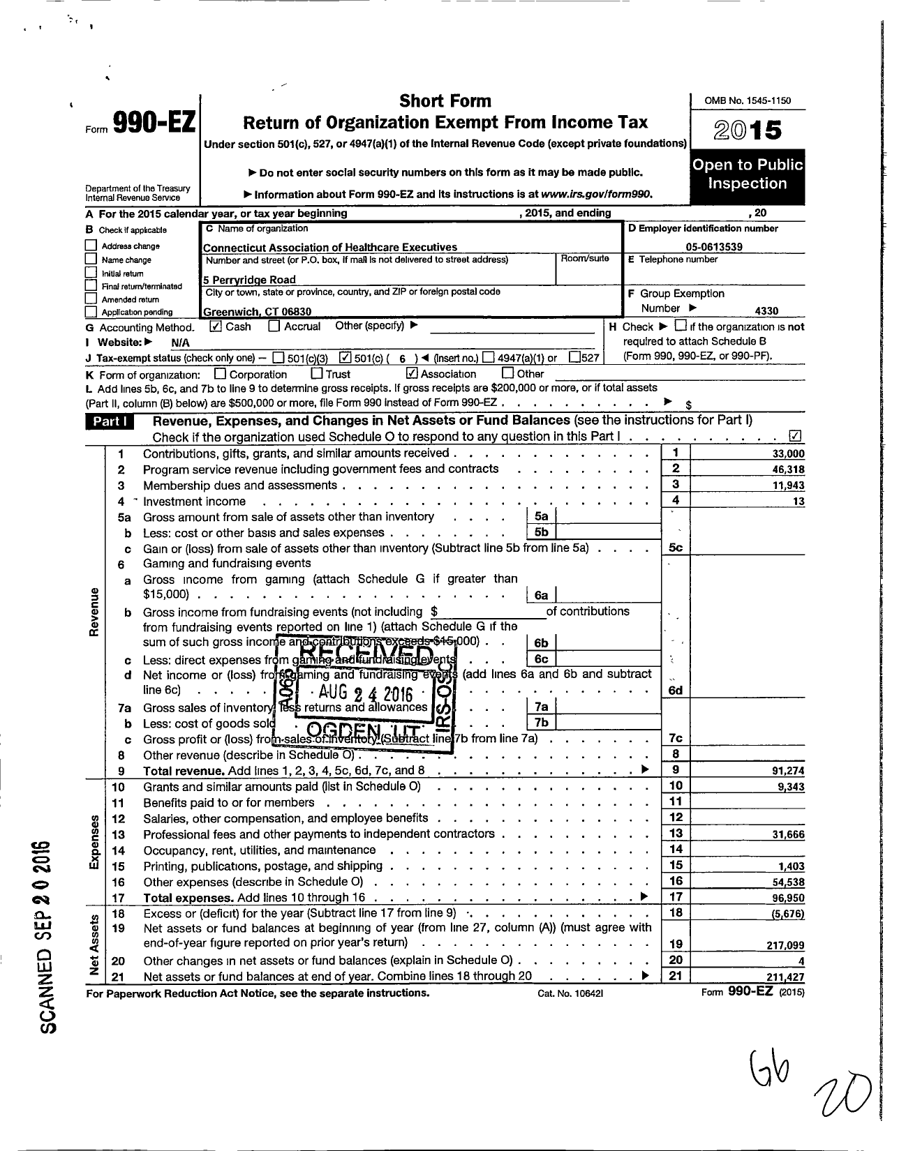 Image of first page of 2015 Form 990EO for Connecticut Association of Healthcare Executives