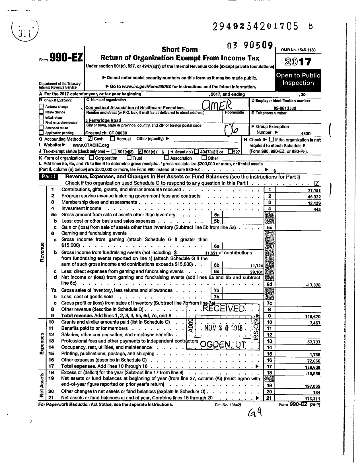 Image of first page of 2017 Form 990EO for Connecticut Association of Healthcare Executives