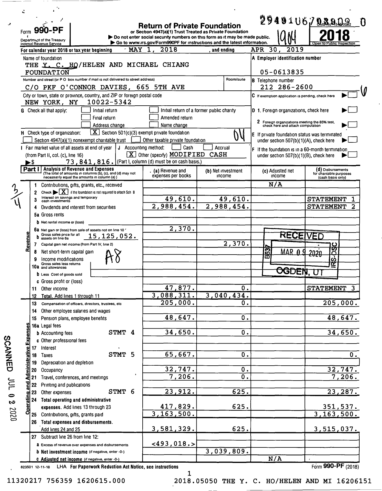 Image of first page of 2018 Form 990PR for The Y C Hohelen and Michael Chiang Foundation